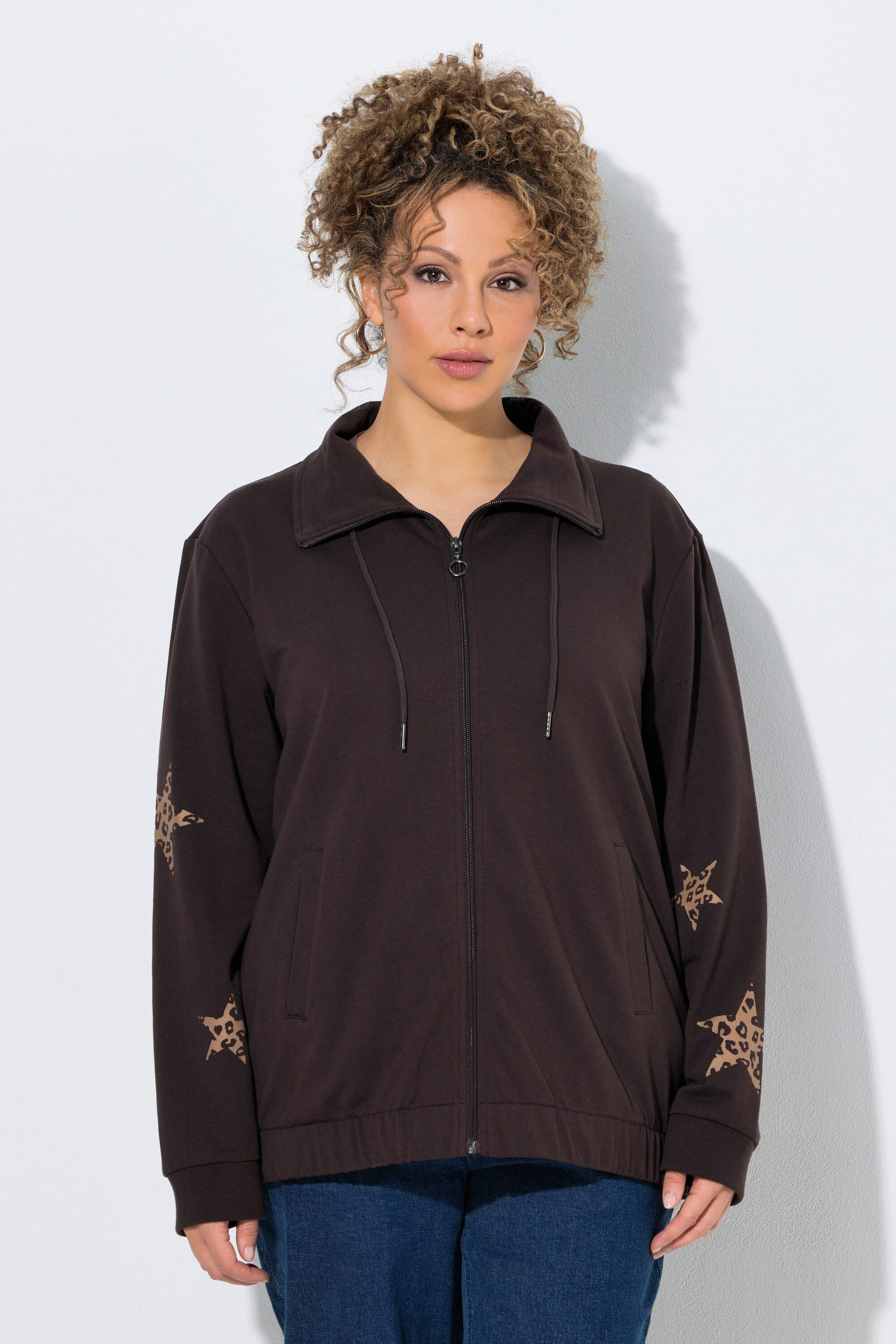 Ulla Popken Sweatjacke Sweatjacke Sterne Troyerkragen Langarm