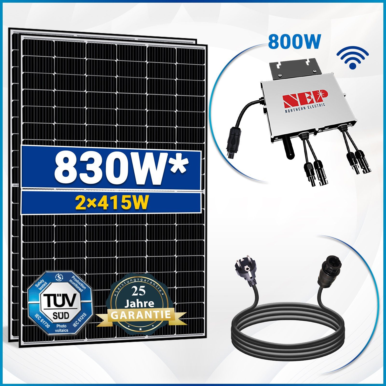 Frame 830W SOLAR-HOOK 800W Schuckostecker Wechselrichter und Komplettset WIFI mit Black Solarmodule, 2x415W Balkonkraftwerk etm NEP 10m Solaranlage