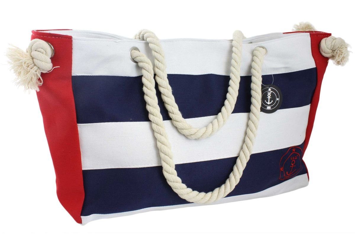 marine kleine Shopper Umhängetasche Originelli mit Sonia XL Reißverschluss Strandtasche Ankerlogo Seilkordeln, Innentasche Blockstreifen
