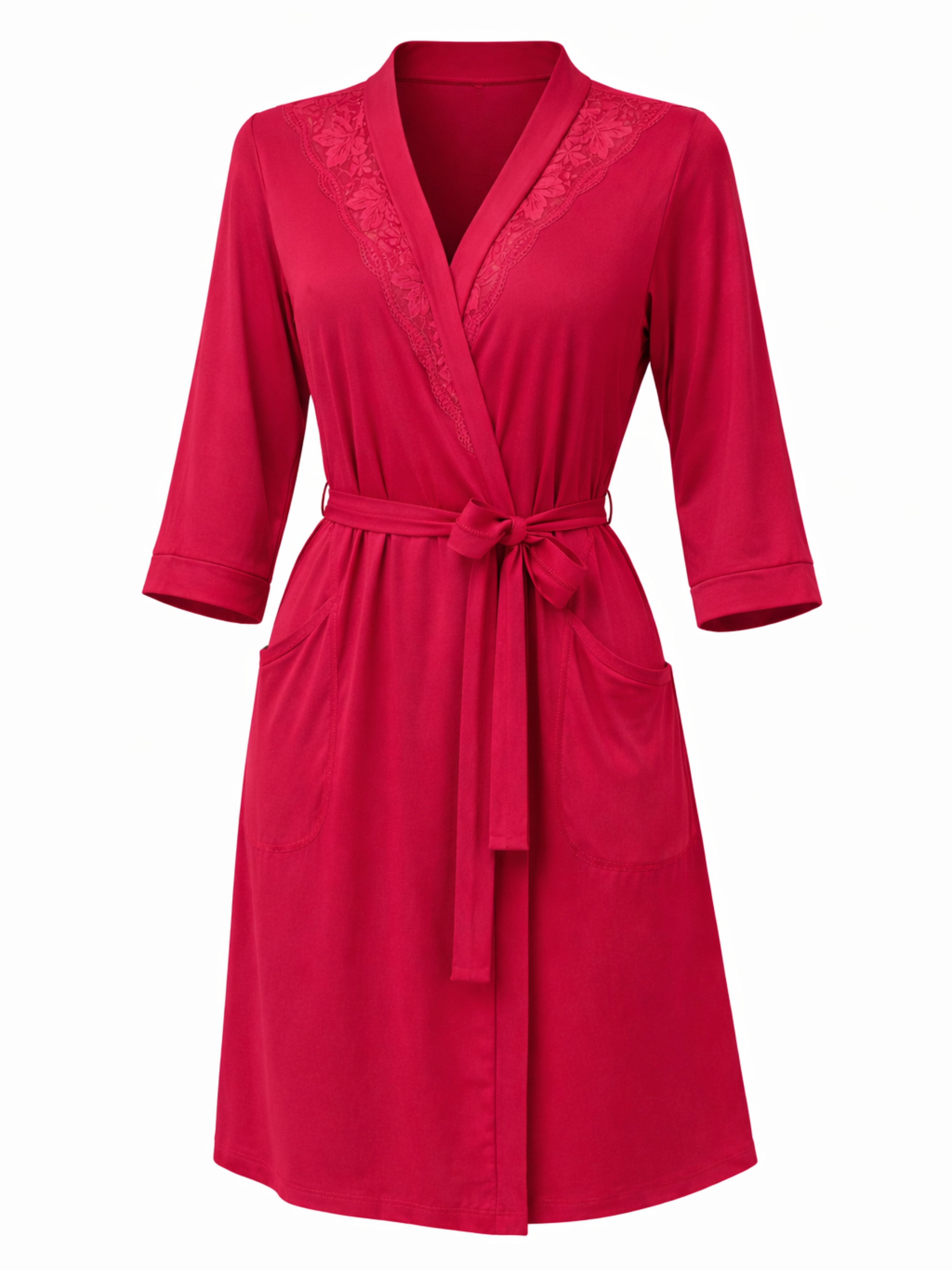 Donna Morgenmantel Kimono mit 3/4 Arm, Viskose-Elasthan, Schalkragen, Bindegürtel, mit Spitzenapplikation, edle Viskose-Qualität