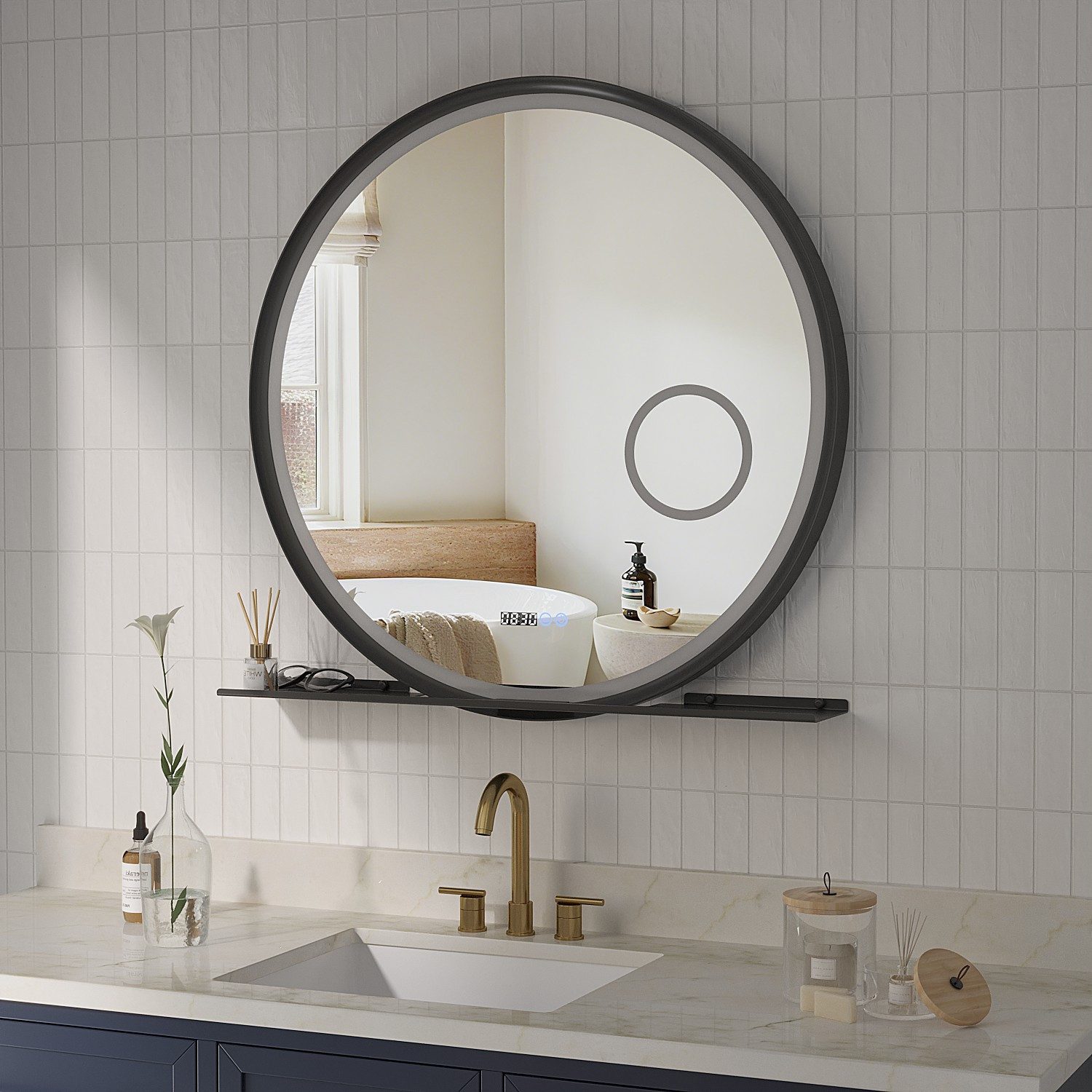 AQUABATOS Badspiegel Badezimmerspiegel rund 80 cm mit LED Beleuchtung dimmbar und Ablage, Wandspiegel,Beschlagfrei,3-Fach Vergrößerung Kosmetikspiegel,Uhr,IP44