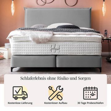 BettCo Boxspringbett London (140 x 200 cm, in Grau Velours), Zeitloses-Design mit Biese + optionaler Topper, Schwarze Metallfüße