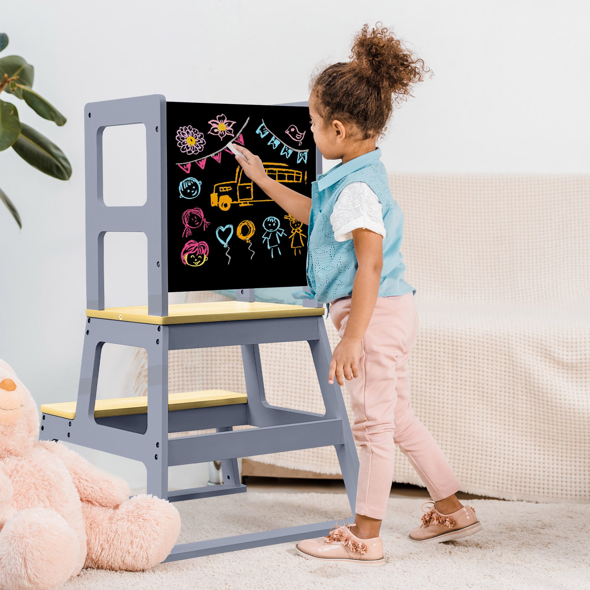 Baby Vivo Stehhilfe Lernturm aus Holz - Mit Tafel in Grau