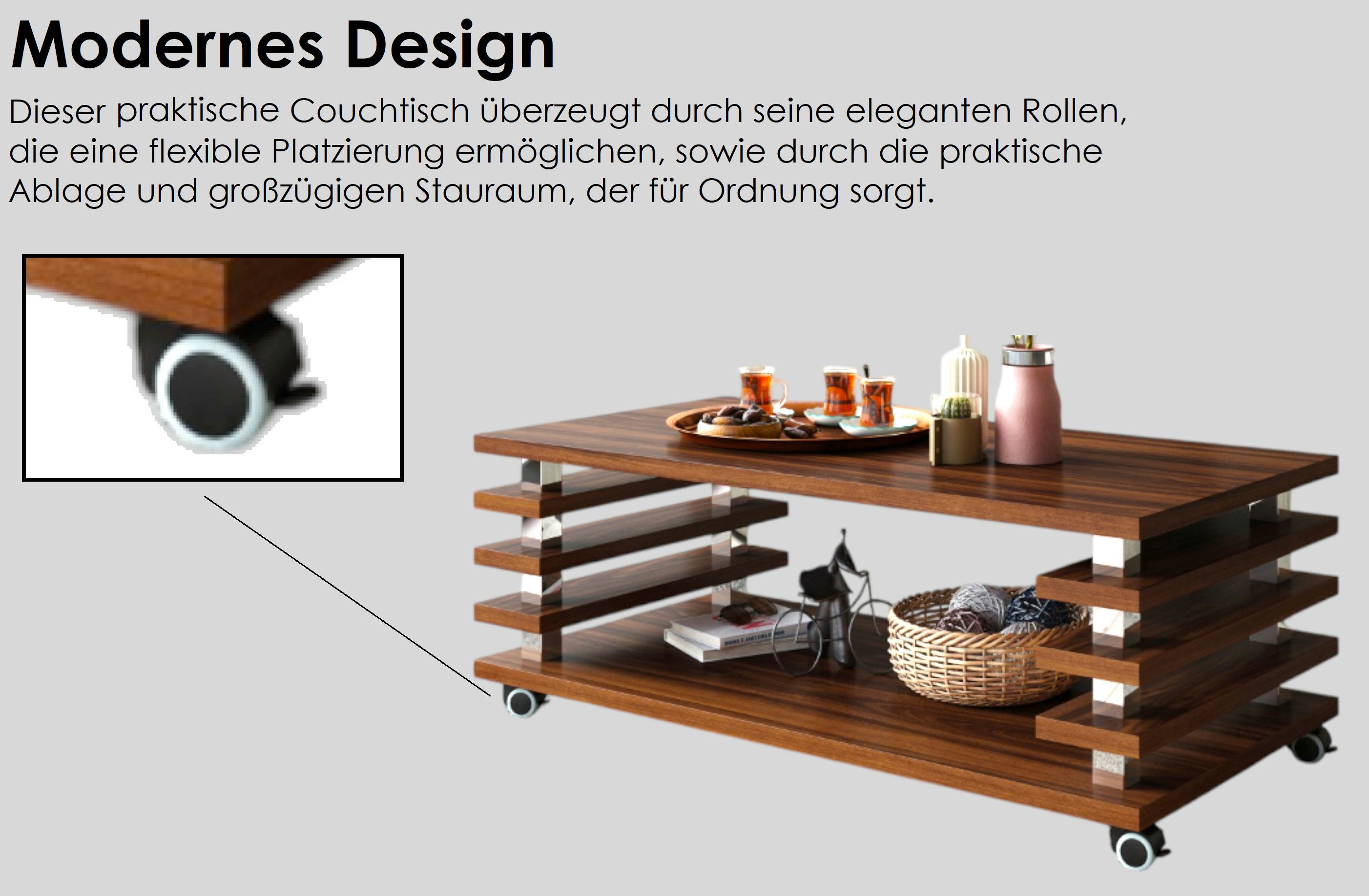 designimpex Couchtisch Carl Svensson DC-3 Wohnzimmertisch Tisch Rollen Weiß Schwarz Hochglanz – Bild 5 von 5
