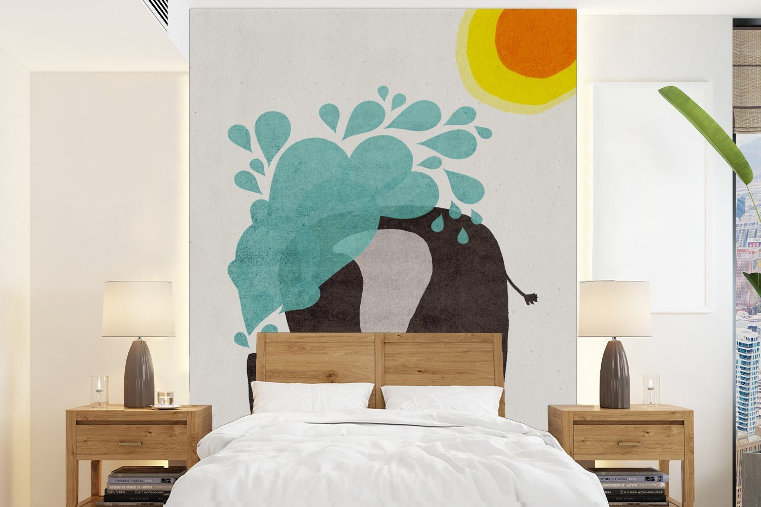 MuchoWow Fototapete Elefant - Kind - Wasser - Sonne, Matt, bedruckt, (4 St), Montagefertig Vinyl Tapete für Wohnzimmer, Wandtapete