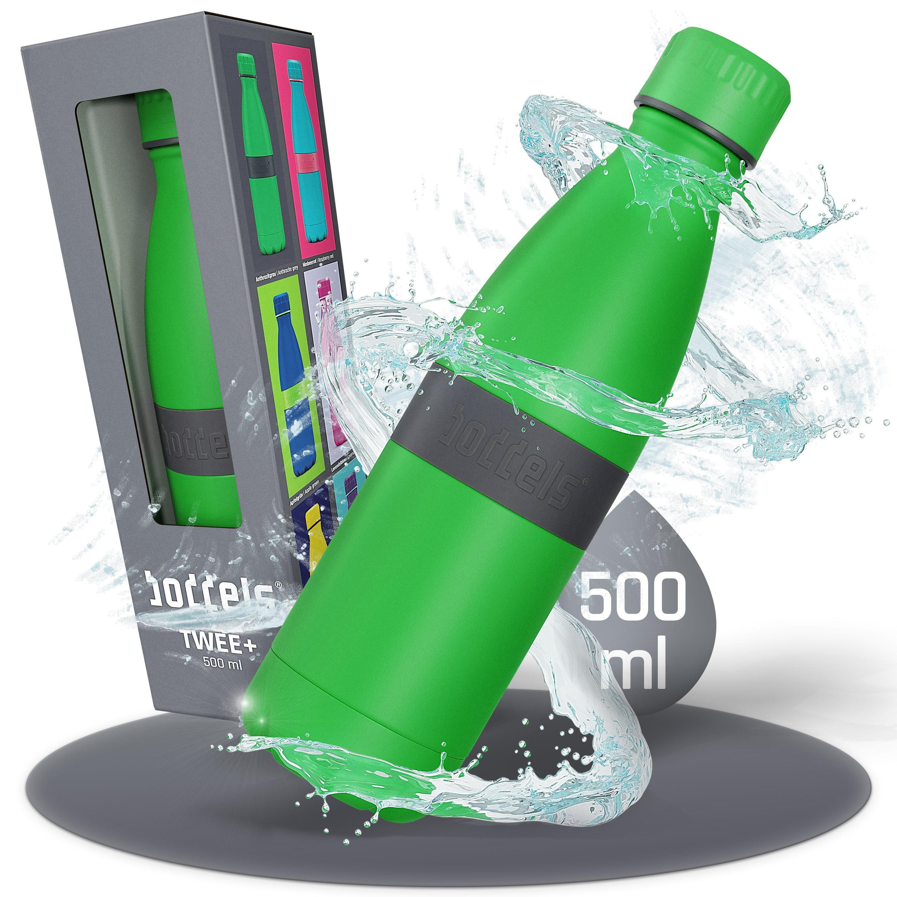 boddels Isolierflasche TWEE+ 500ml - Trinkflasche aus Edelstahl, doppelwandig, auslaufsicher, bruchfest Anthrazitgrau / Grün