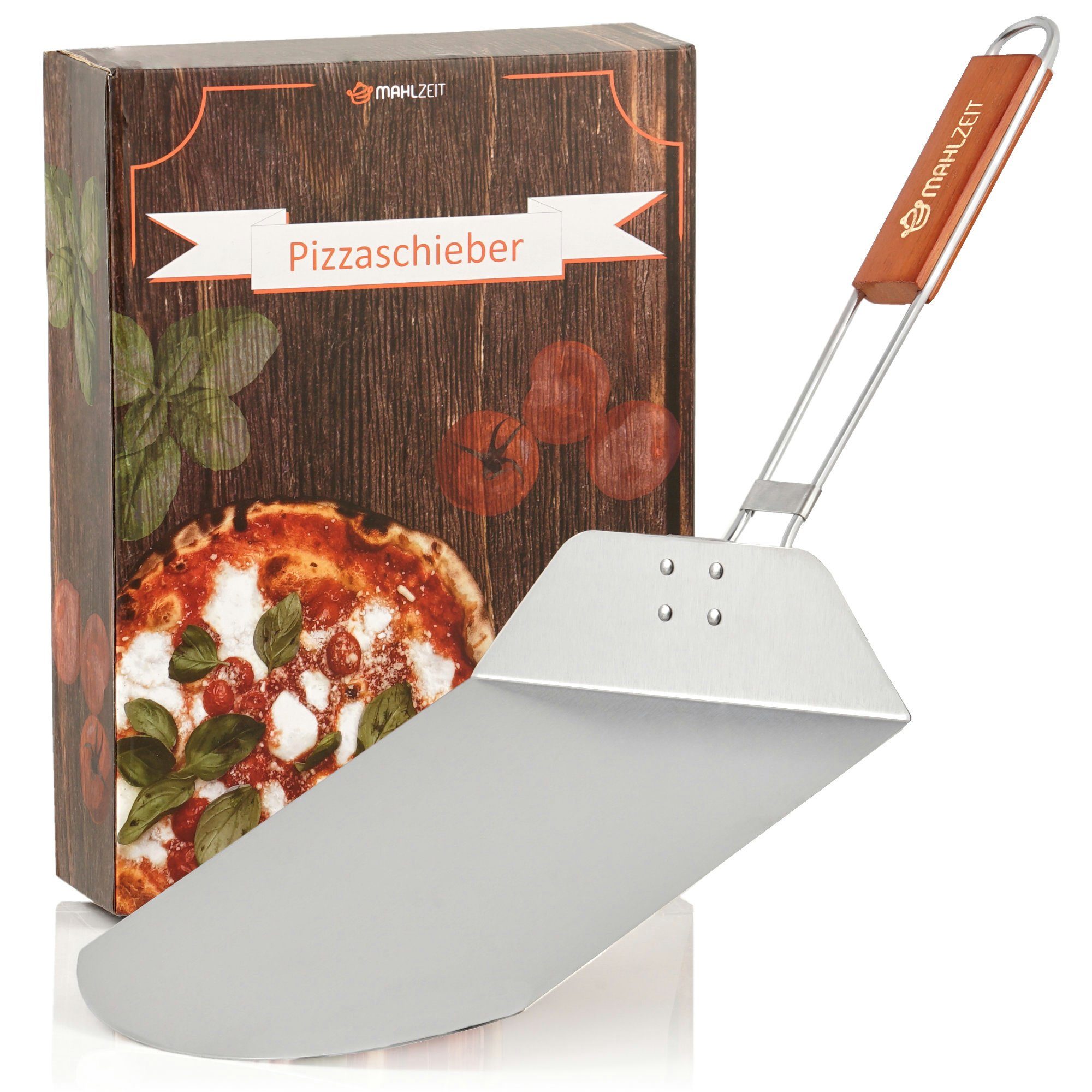 Mahlzeit Pizzablech Pizzaschaufel mit Bambus Griff, 25,5 x 30,5 cm Edelstahl Schieber, Edelstahl