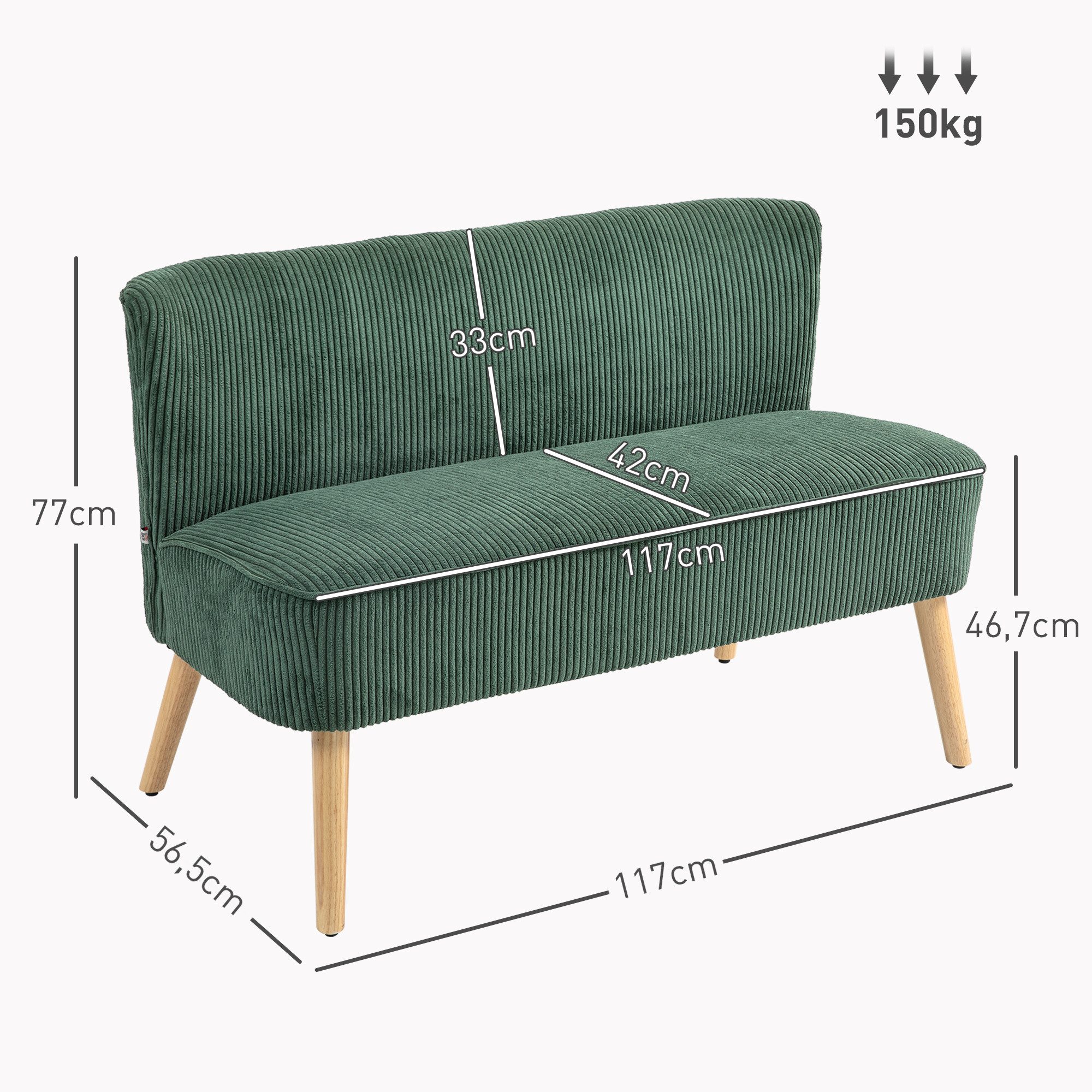 HOMCOM 2-Sitzer Sofa, Couch mit Kordoptik, Holzbeine, Doppelsofa 1 Teile, für Wohnzimmer, Schlafzimmer, 117 x 56,5 x 77 cm, Grün