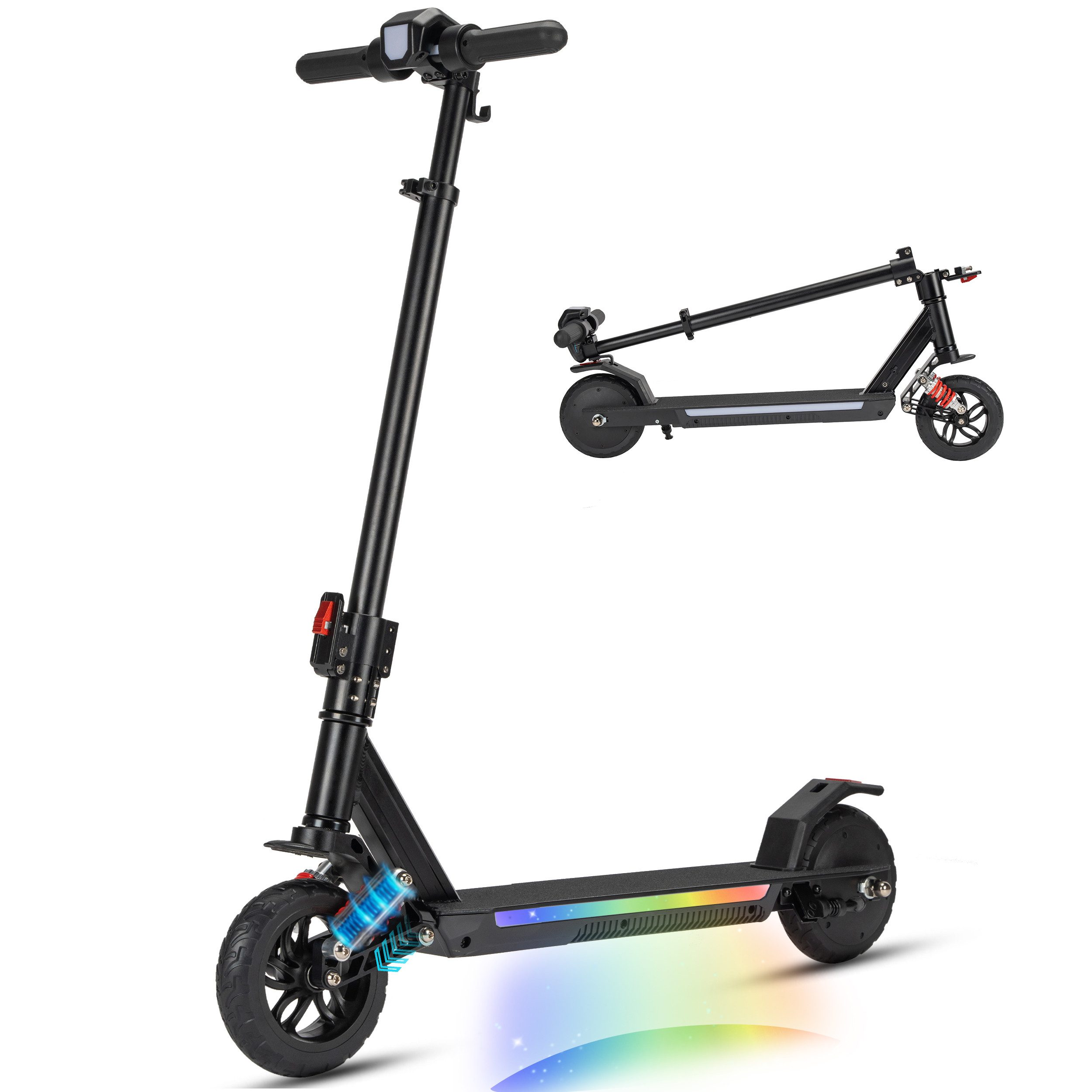 Vankel Elektro-Kinderroller ab 10 Jahren, klappbar, mit Federung, 15km, 14km/h, höhenverstellbar, Bunte Leuchten, EBS+Fußbremse, mit Haken, Aluminiumrahmen