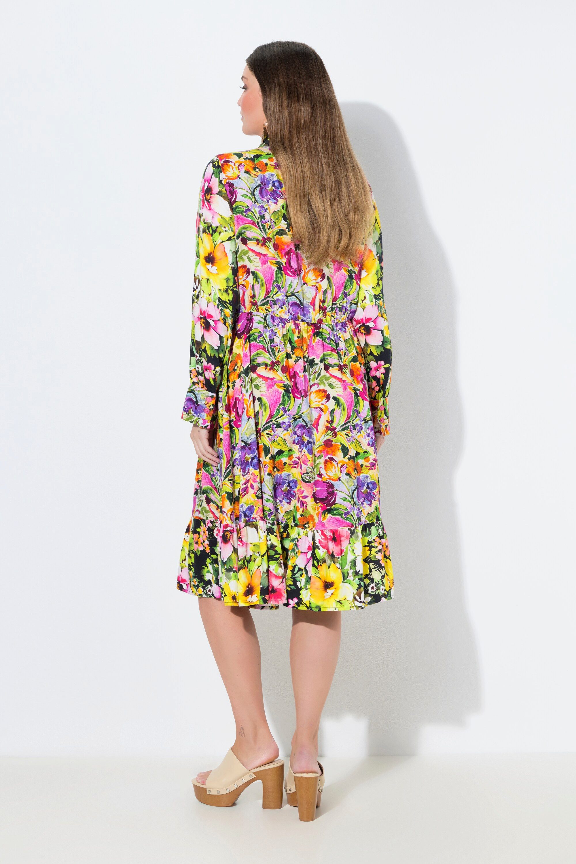 Ulla Popken Jerseykleid Midikleid Mustermix A-Linie V-Ausschnitt Langarm