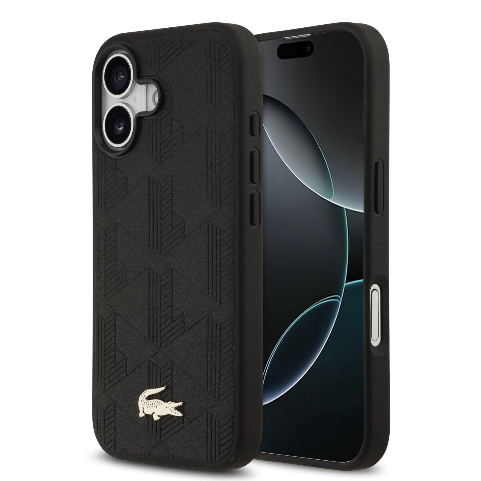 Lacoste Handyhülle iPhone 17 Kunstleder schwarz Logo Krokodil goldfarbig 6,3 Zoll, Kantenschutz