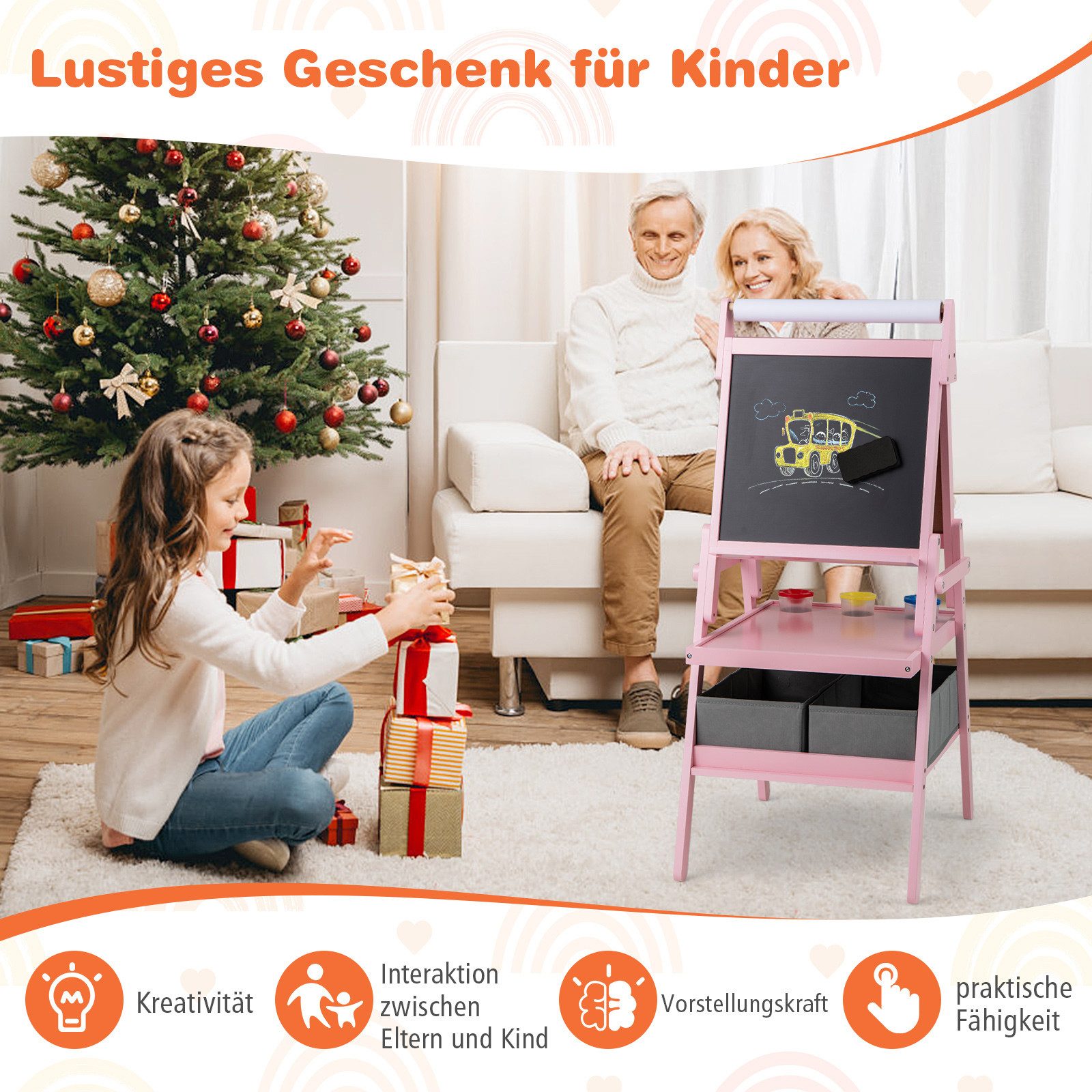 COSTWAY Standtafel, 3 in 1 Kinder magnetisch Kreidetafel doppelseitig