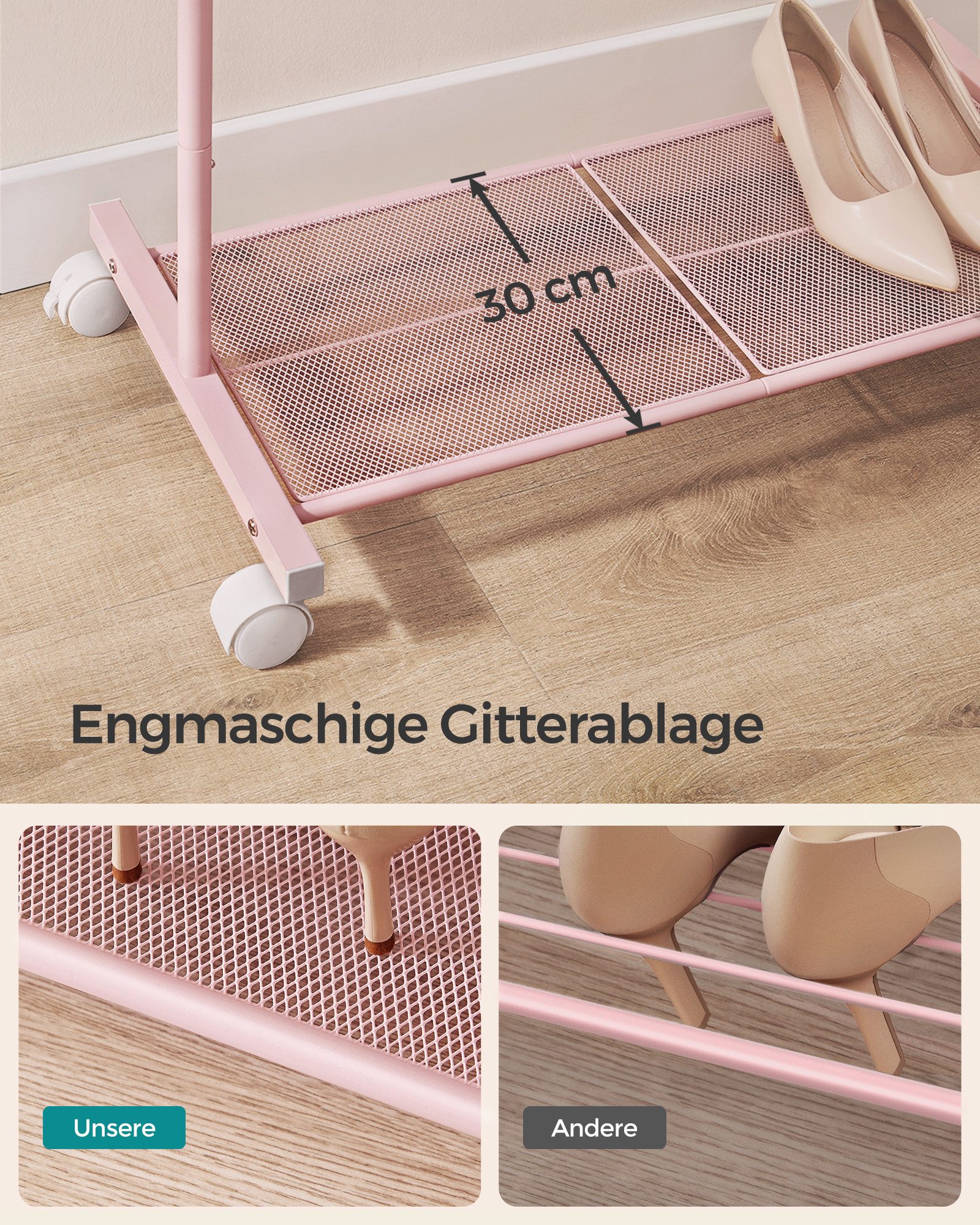 SONGMICS Kleiderständer Garderobenständer Kleiderstange auf Rollen, bis 35 kg belastbar, 74 cm breit, mit Gitterablage, Stahlrahmen – Bild 4 von 5