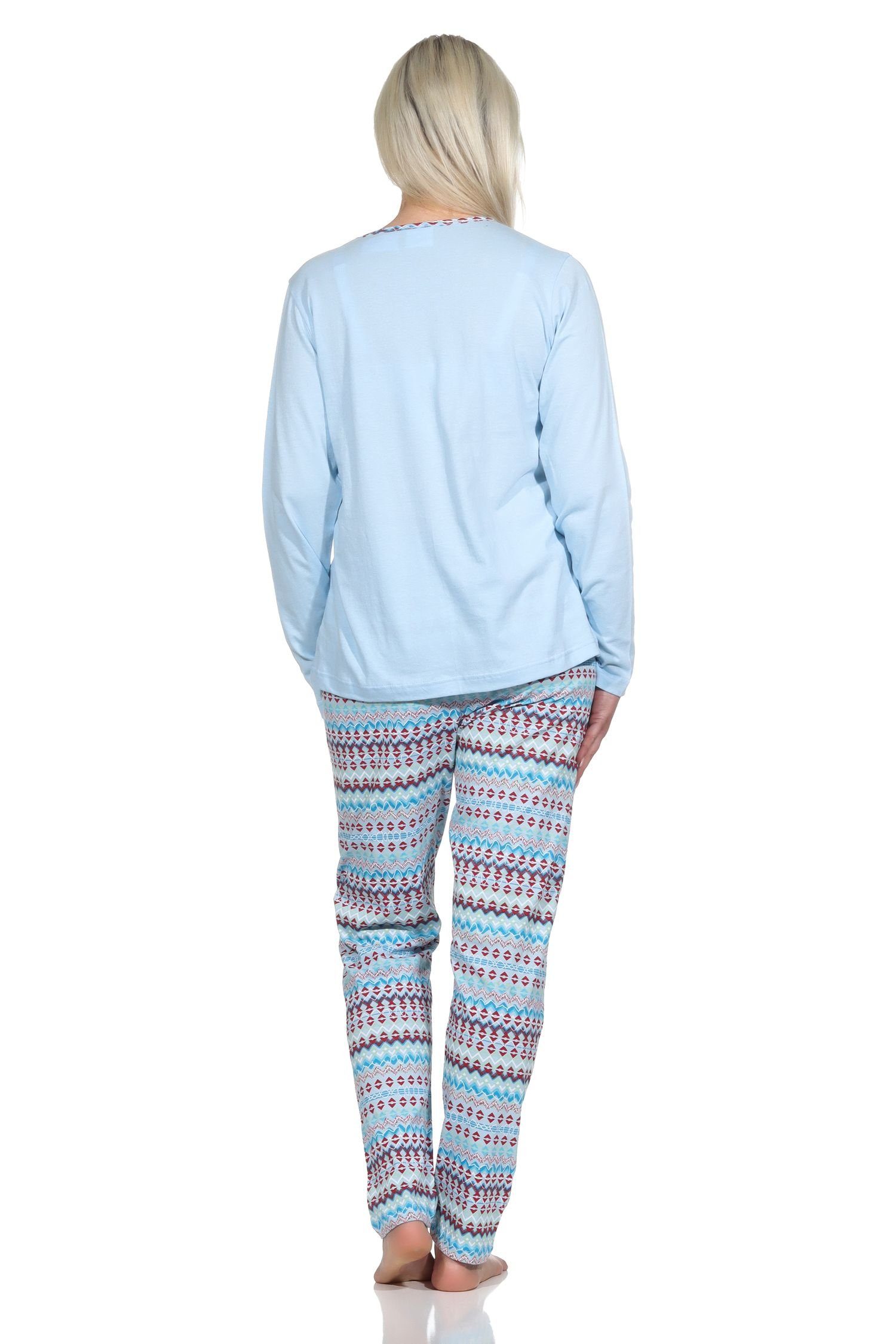 Normann Optik hellblau Damen Wunderschöner Schlafanzug langarm Pyjama Ethno Pyjama Look in
