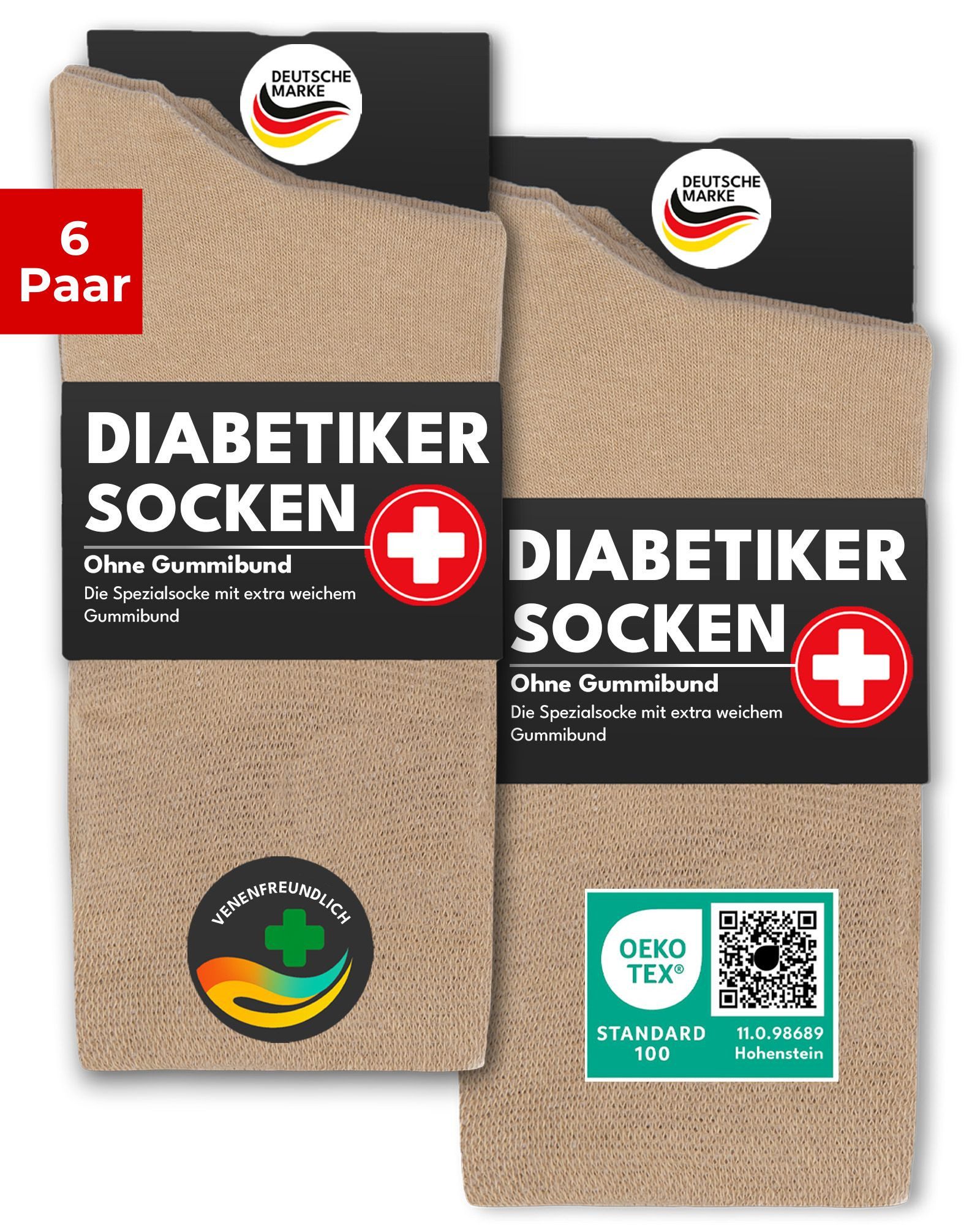 sockenkauf24 Diabetikersocken ohne Gummibund 97% Baumwolle mit Komfortbund ohne Naht (Beige, 6-Paar, 47-50) Diabetiker Socken ohne Gummi für Damen & Herren