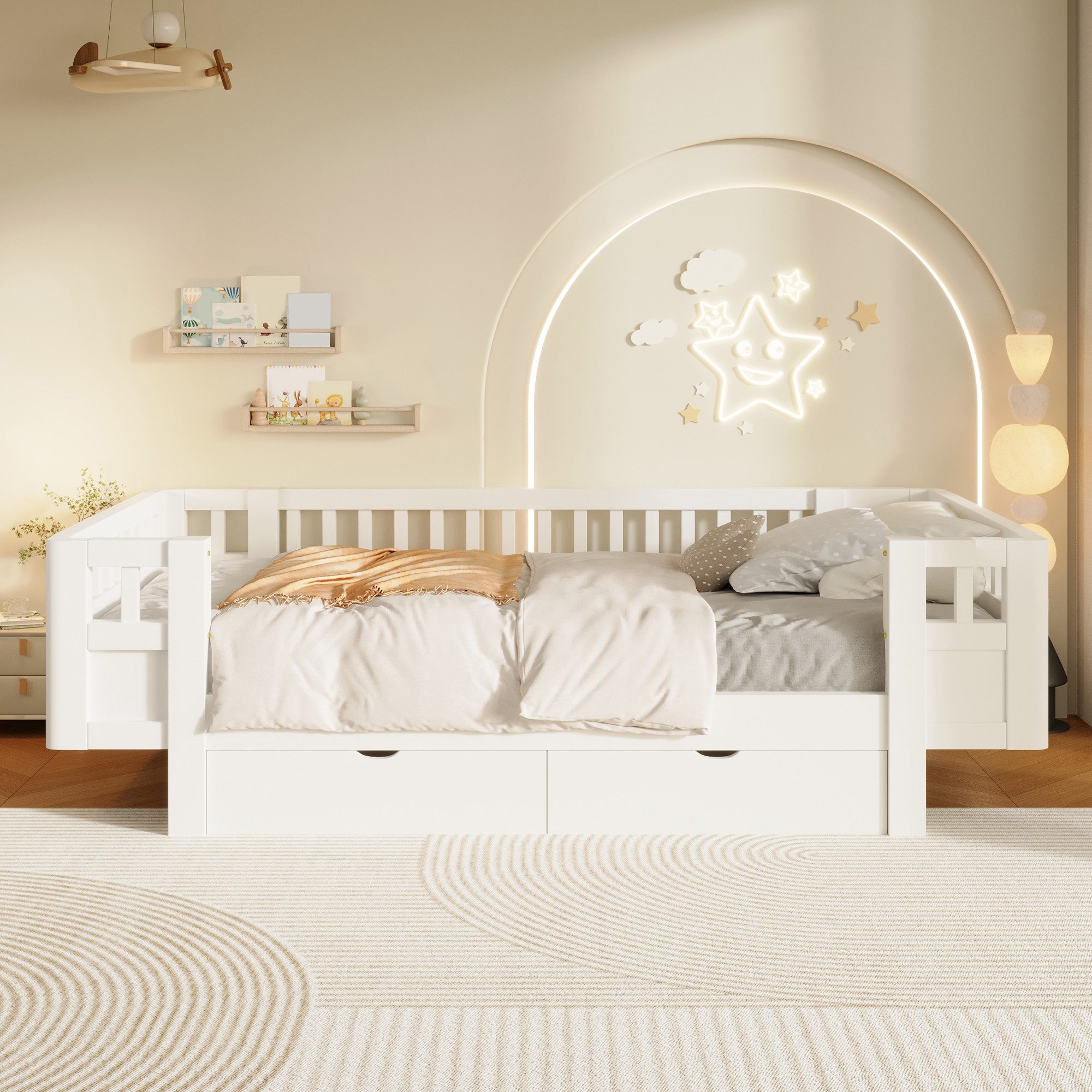 Flieks Massivholzbett, Kinderbett 90x200cm mit 2 Schubladen und Schutzgitter