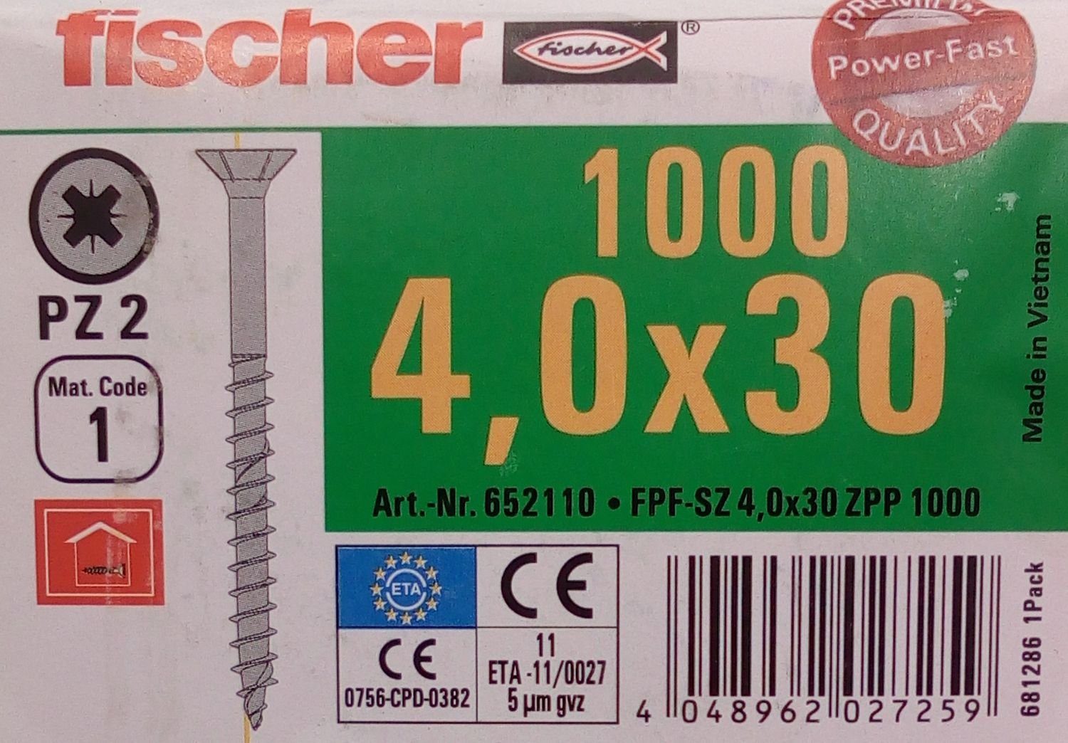 PZ2 Befestigungstechnik St) Fischer Tei, Schraube fischer 1000x (1000 verzinkt Holzbauschrauben Holzschrauben 4,0x30mm