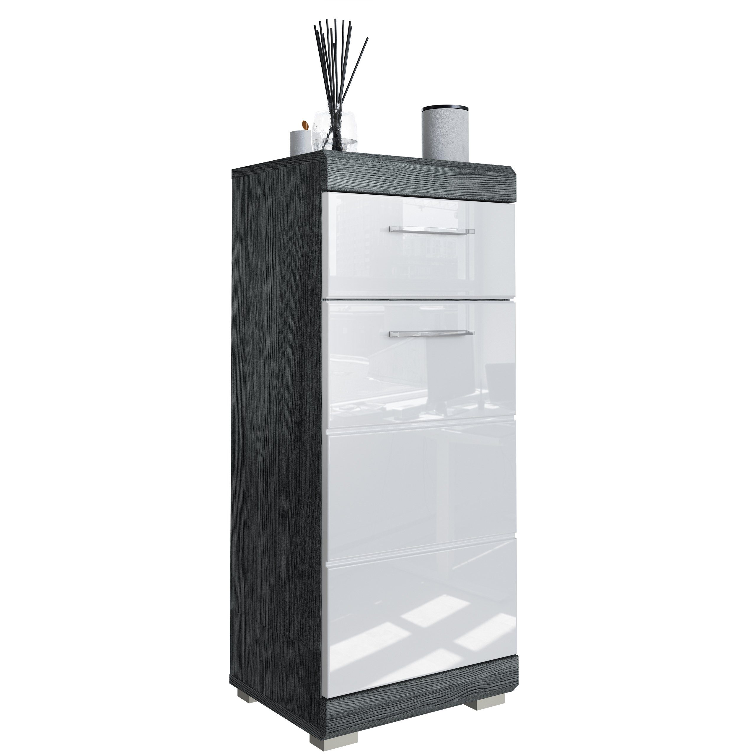 Newroom Kommode Avola Anthrazit 37 cm, Kommode Avola Anthrazit Weiß Hochglanz Modern Badschrank Standschr...