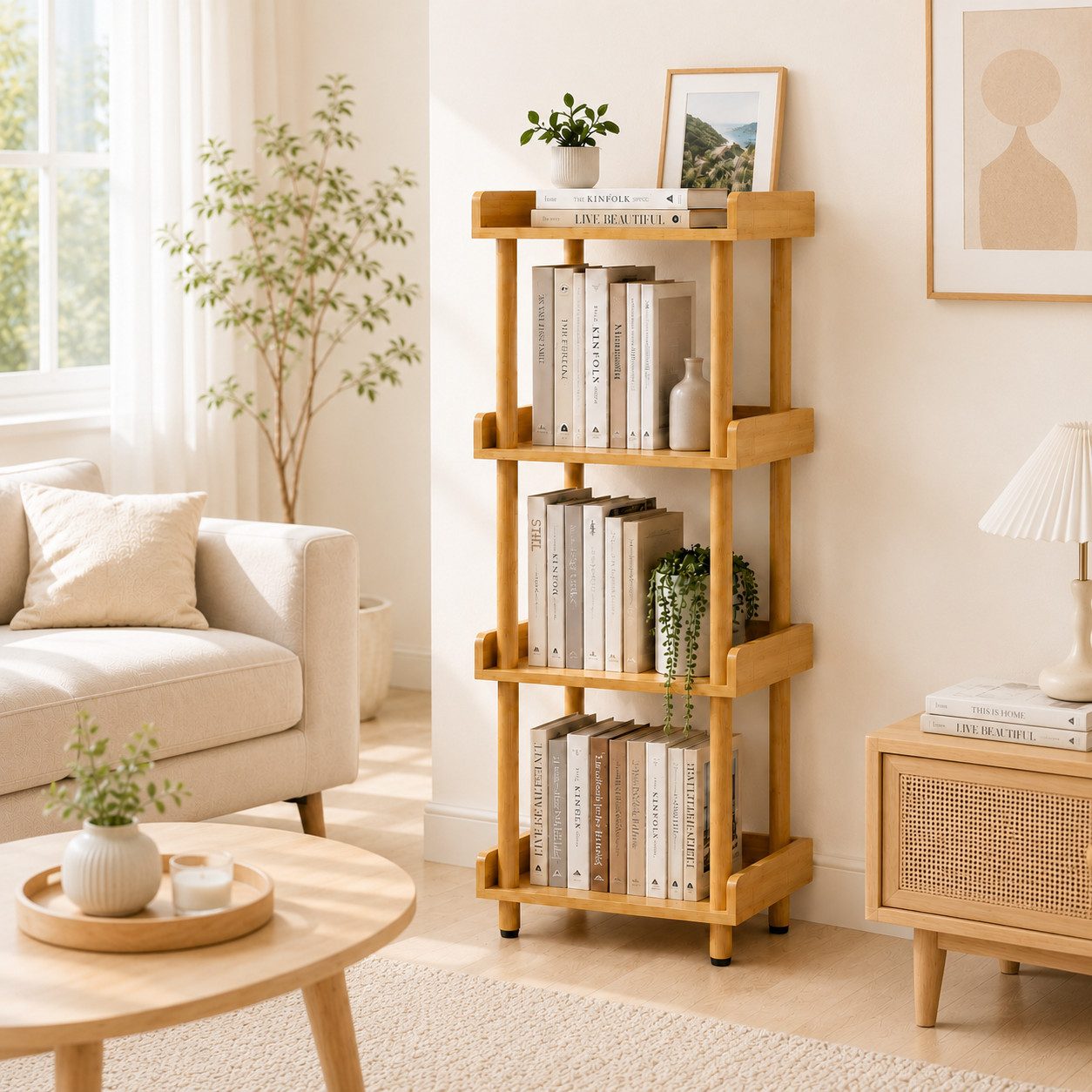 Yorbay Ablageregal Bambusregal/Bücherregal Werkzeuglose Montage Stabil 80 kg Belastbar, Set, 40x30x110cm Natürliches Design für Wohnzimmer Küchen und Badezimmer