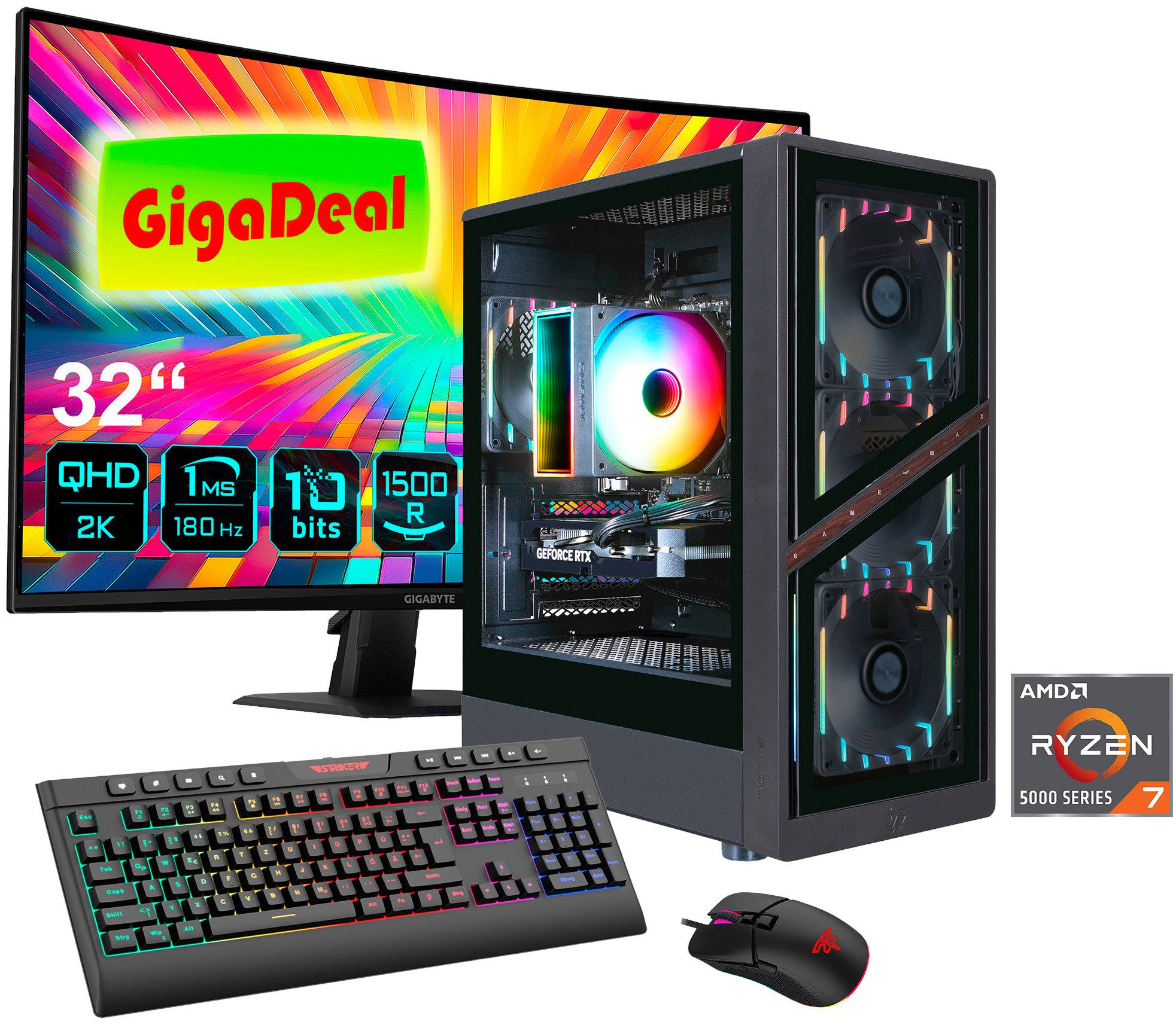 GAMEMAX GigaDeal AERIS GB 2804 AMD Ryzen 7 5700X 32GB 1TB SSD RTX 5060Ti Gaming-PC-Komplettsystem (32", AMD Ryzen 7 5700X, RTX 5060 Ti, 32 GB RAM, 1000 GB SSD, Windows 11 + Gigabyte GS32QCA LED-Monitor Curved, 80 cm 32)
