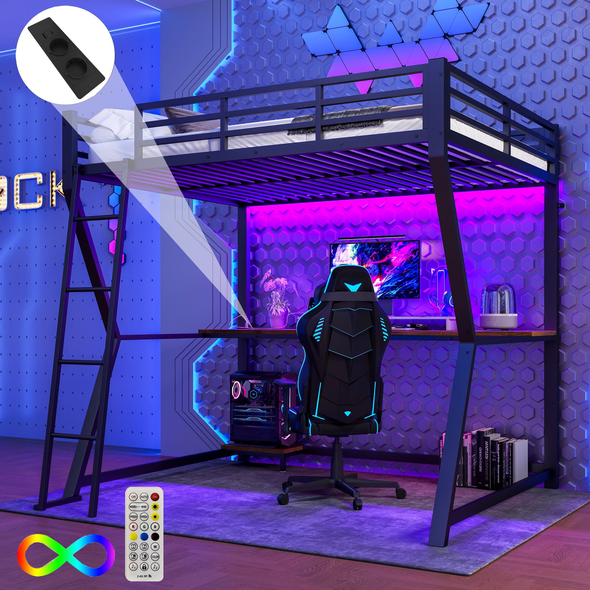 Flieks Hochbett LED Metallbett 140x200cm mit Schreibtisch und Aufladenfunkt günstig online kaufen