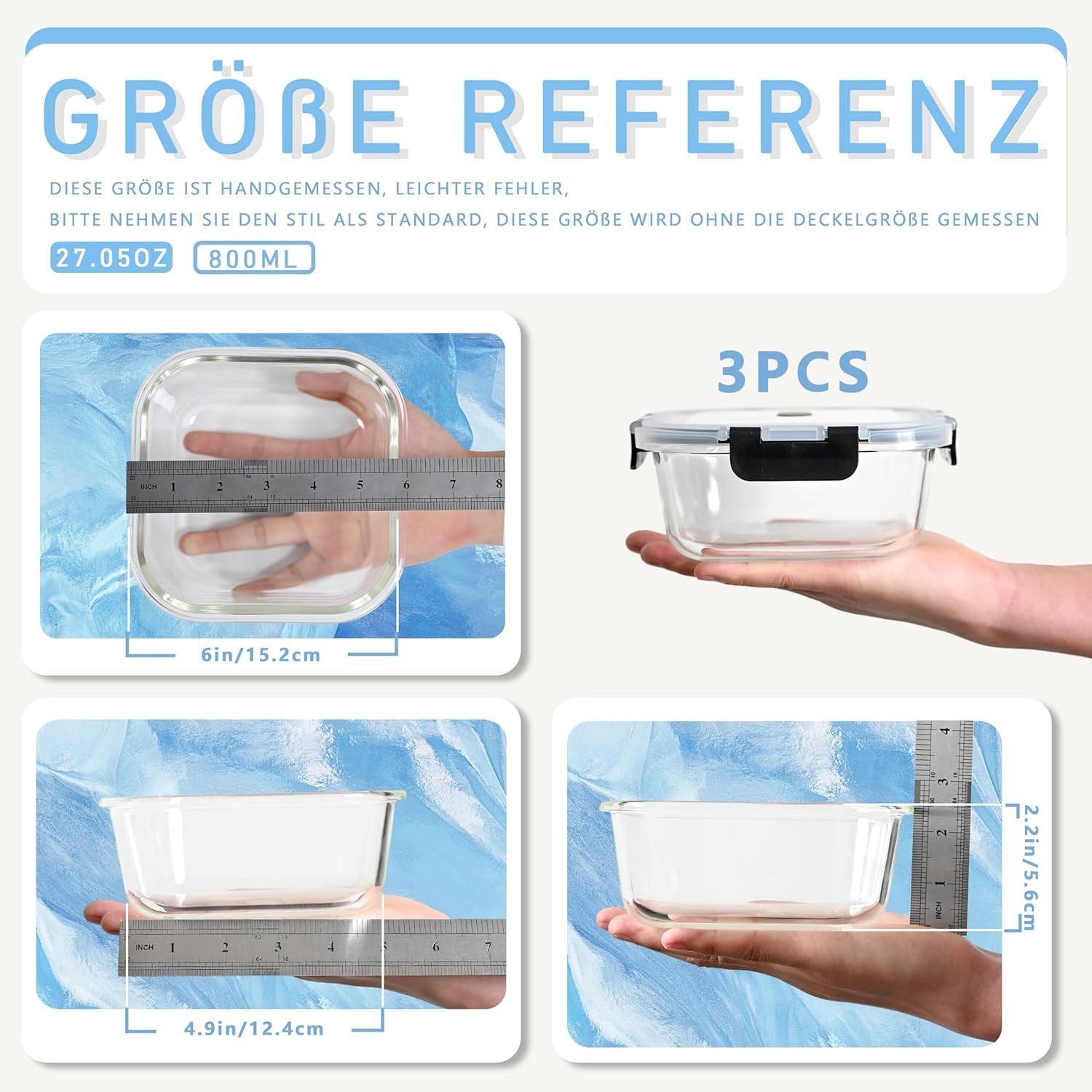KingLux Frischhaltedose 3Stk. 800ml Vorratsdosen Glas Mit Deckel,Meal Prep Boxen,Glasbehälter, Borosilikatglas, (3-tlg) – Bild 3 von 5