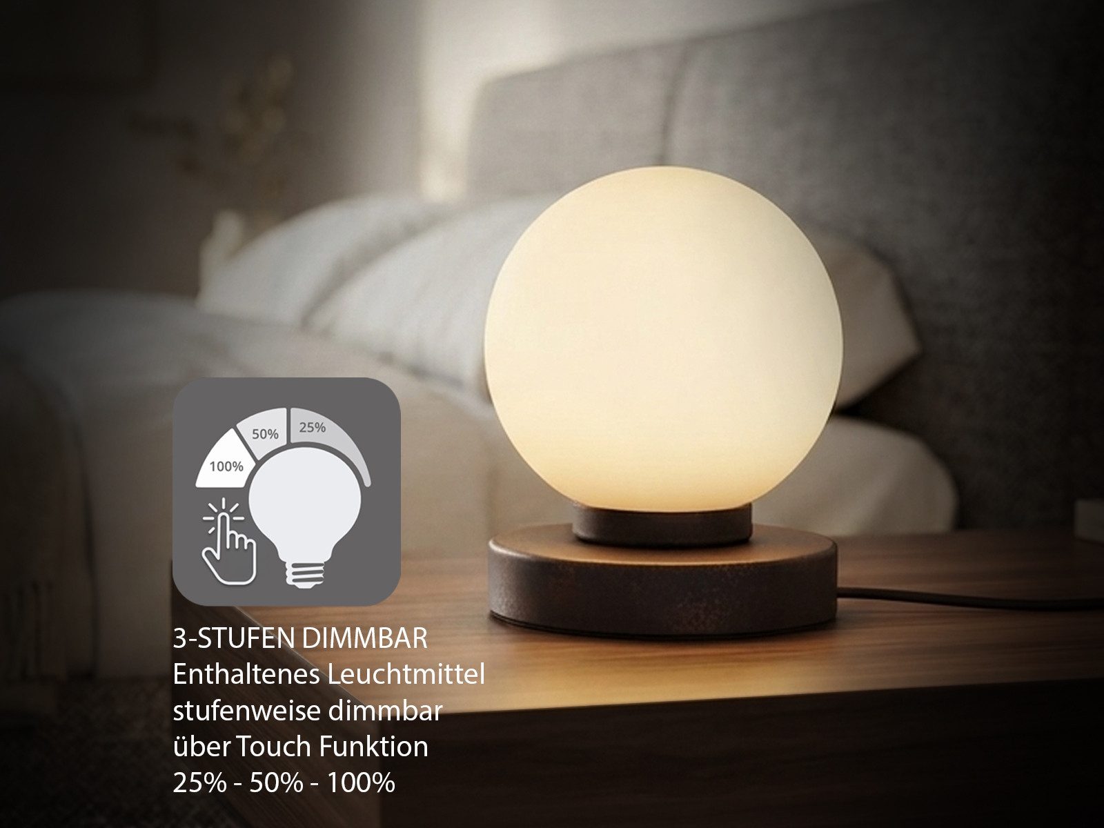 Reality Leuchten LED Nachttischlampe touch Kugel-Lampe, Höhe 15cm, dimmbar, LED wechselbar, Warmweiß, kleine Tischlampe mit Glas-Kugel, Tischleuchte inkl. E14 L – Bild 3 von 5