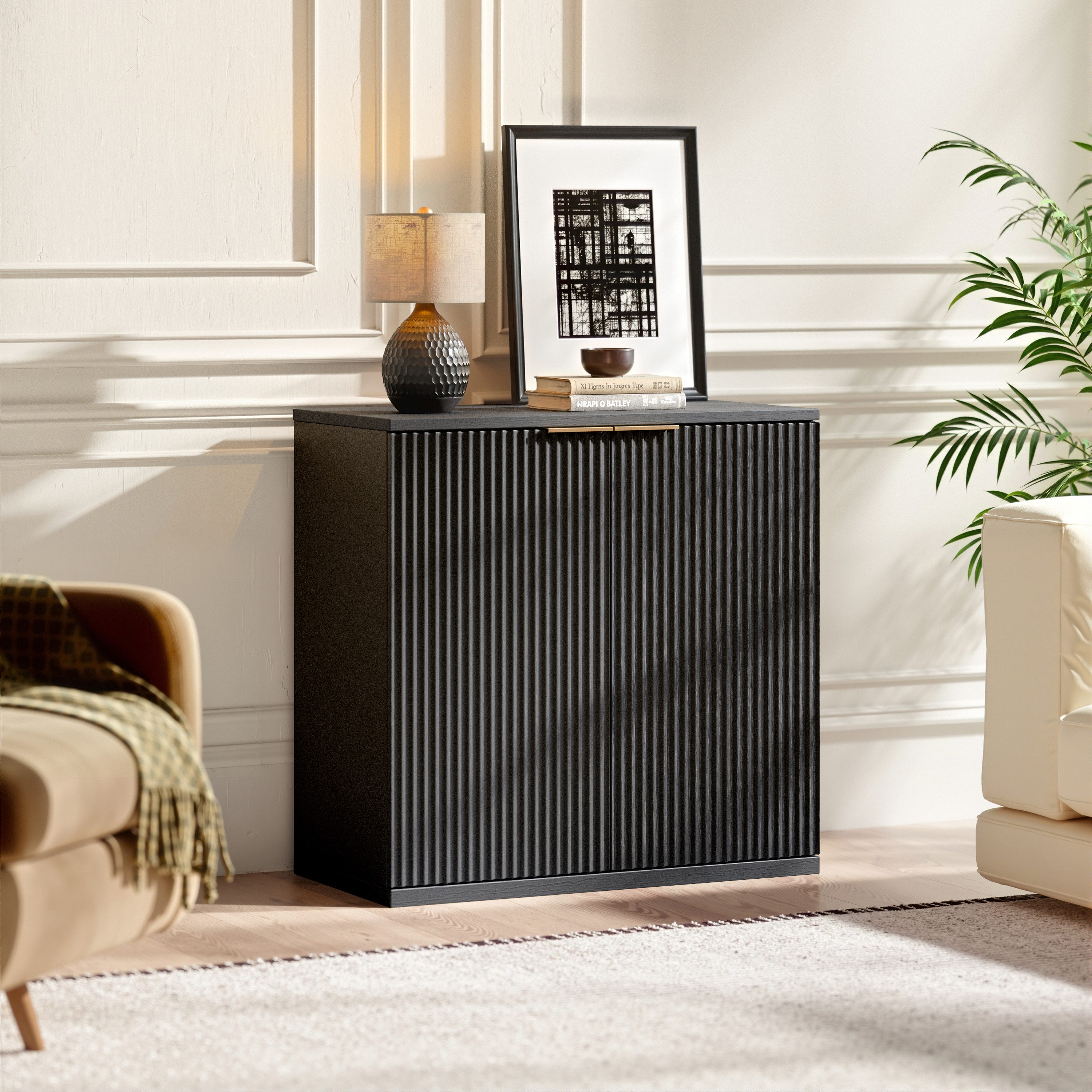 MODFU Sideboard Aufbewahrungsschrank mit Faltenfront (Schrank, Metallgriff, für Wohnzimmer & Schlafzimmer, Küchenschrank Anrichte 60x30x70 cm)