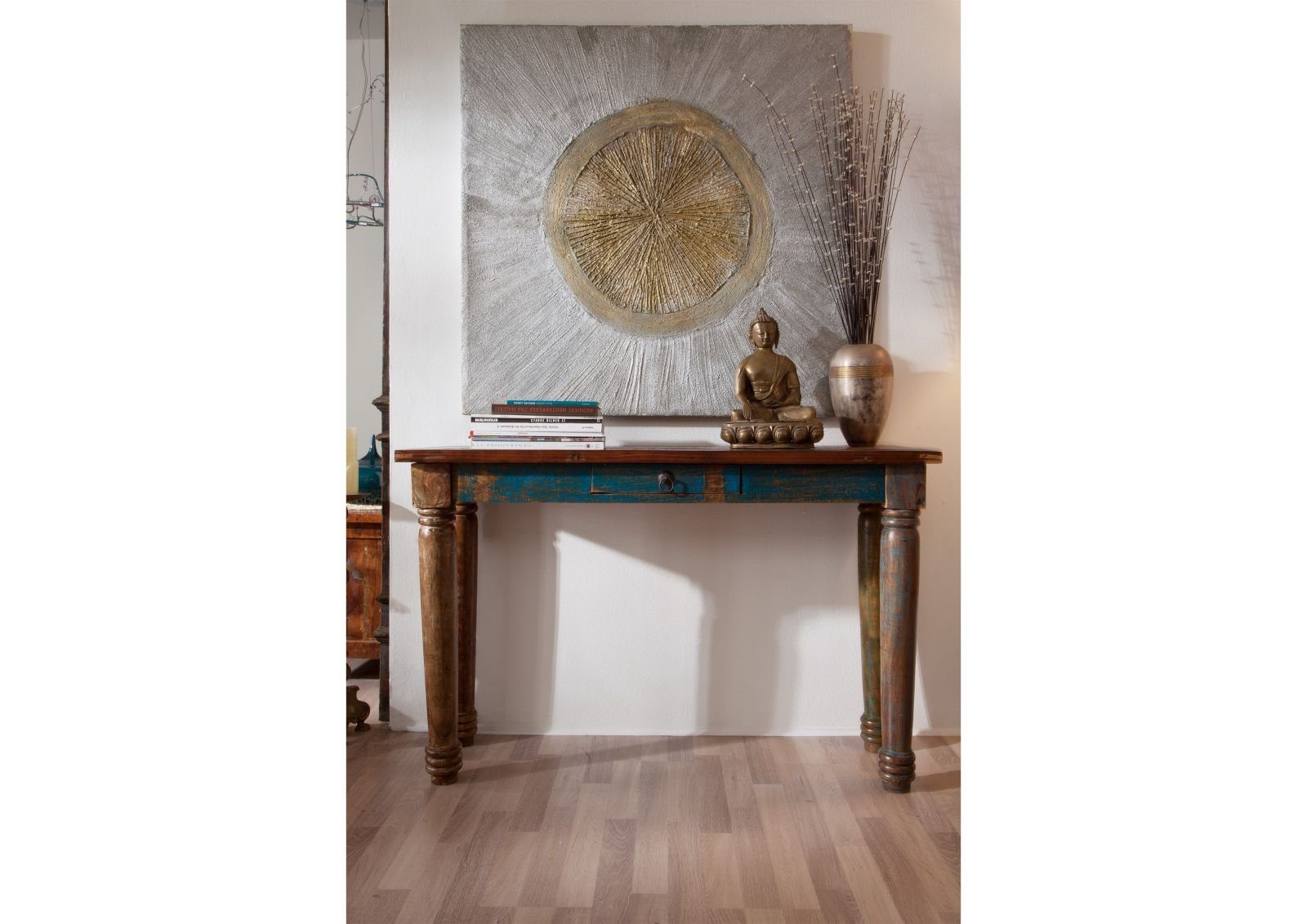 Massivmoebel24 Konsolentisch FABLE#11 (Massivholz, Massivholztisch), Konsolentisch Altholz 120x40x76 mehrfarbig lackiert FABLE #11