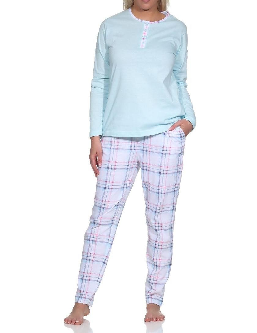 Pyjama Damen Schlafanzug langarm Pyjama mit karierter Hose aus Jersey