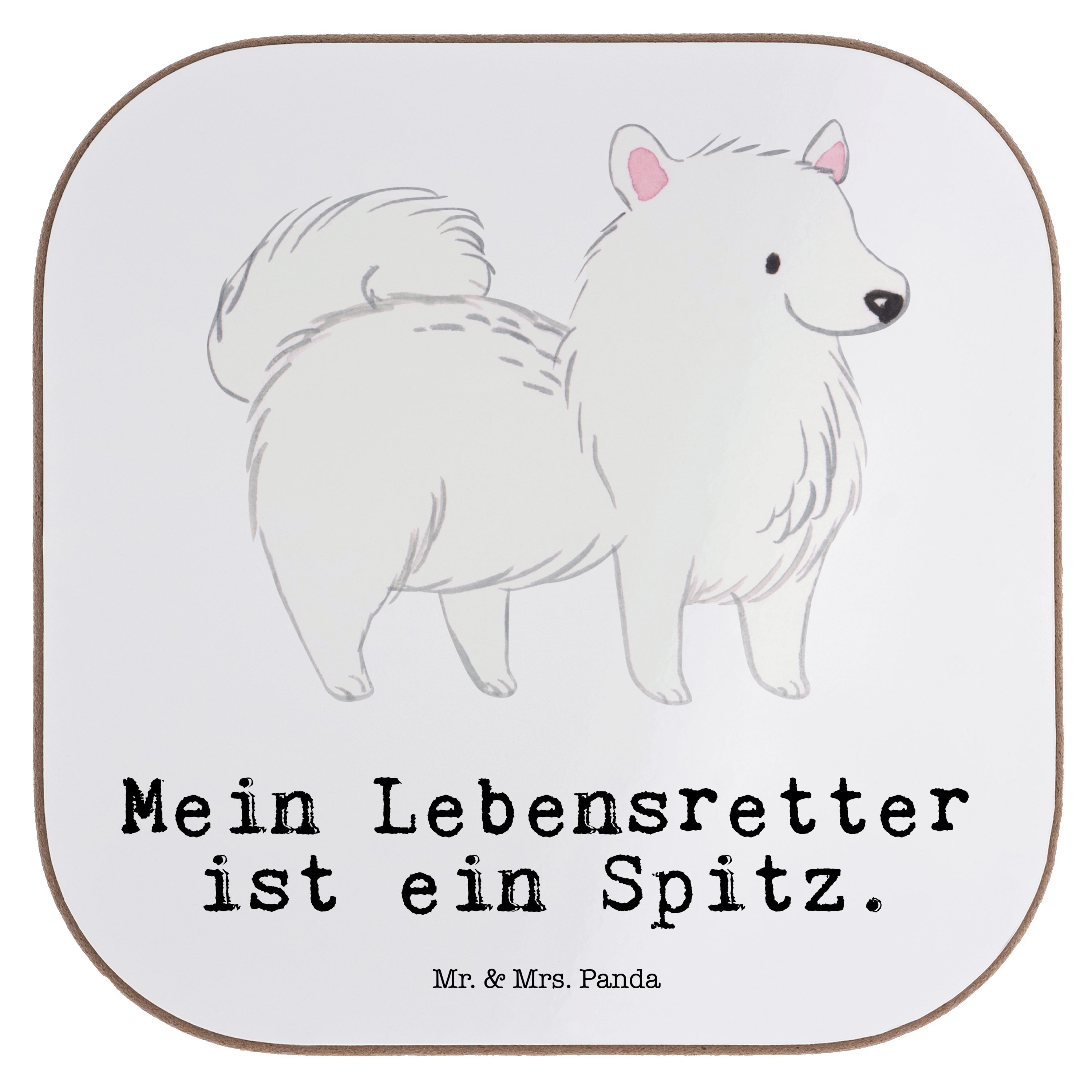 Mr. & Mrs. Panda Getränkeuntersetzer Spitz Lebensretter - Weiß - Geschenk, Schenken, Rassehund, Bierdeckel, 1-tlg.