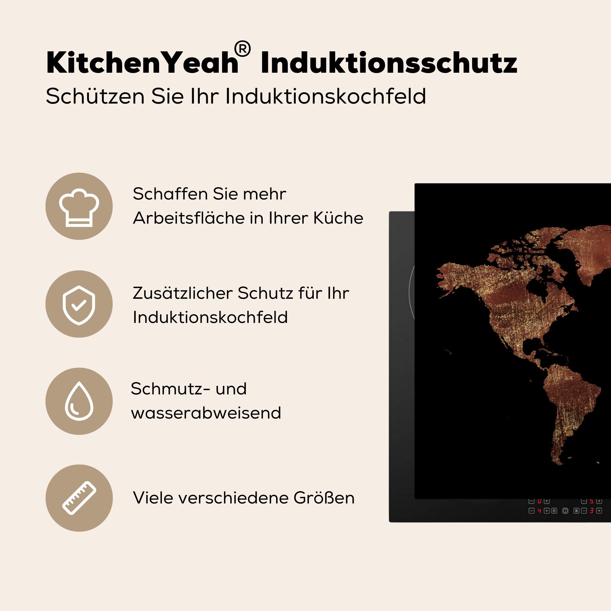 MuchoWow Herdblende-/Abdeckplatte Weltkarte - 81x52 Ceranfeldabdeckung Schutz - Gold, Rot Vinyl, cm, küche, tlg), die für Induktionskochfeld (1