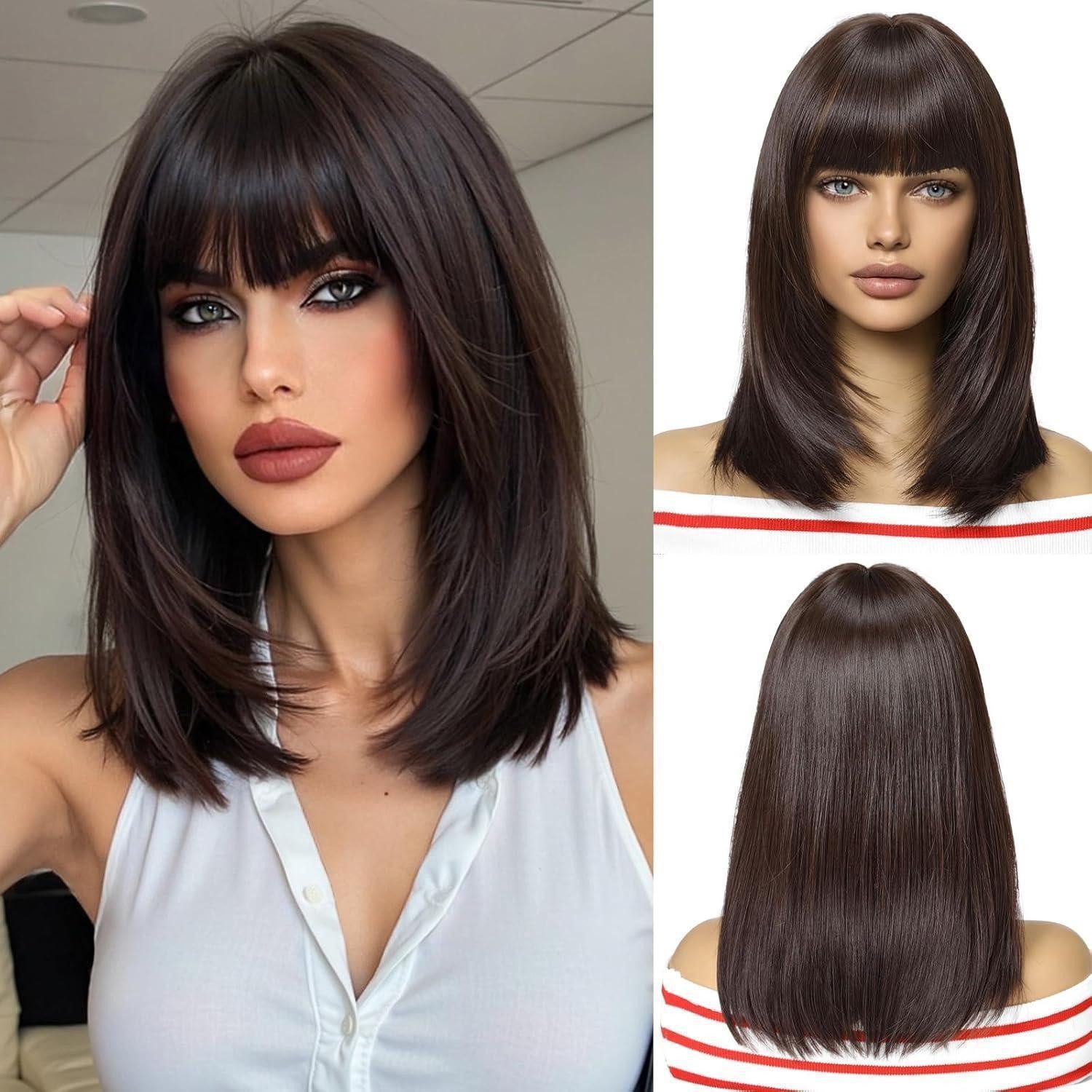 LuxusKollektion Kunsthaarperücke Dunkelbraune Kurzhaarperücke mit Pony für Frauen Cosplay Party