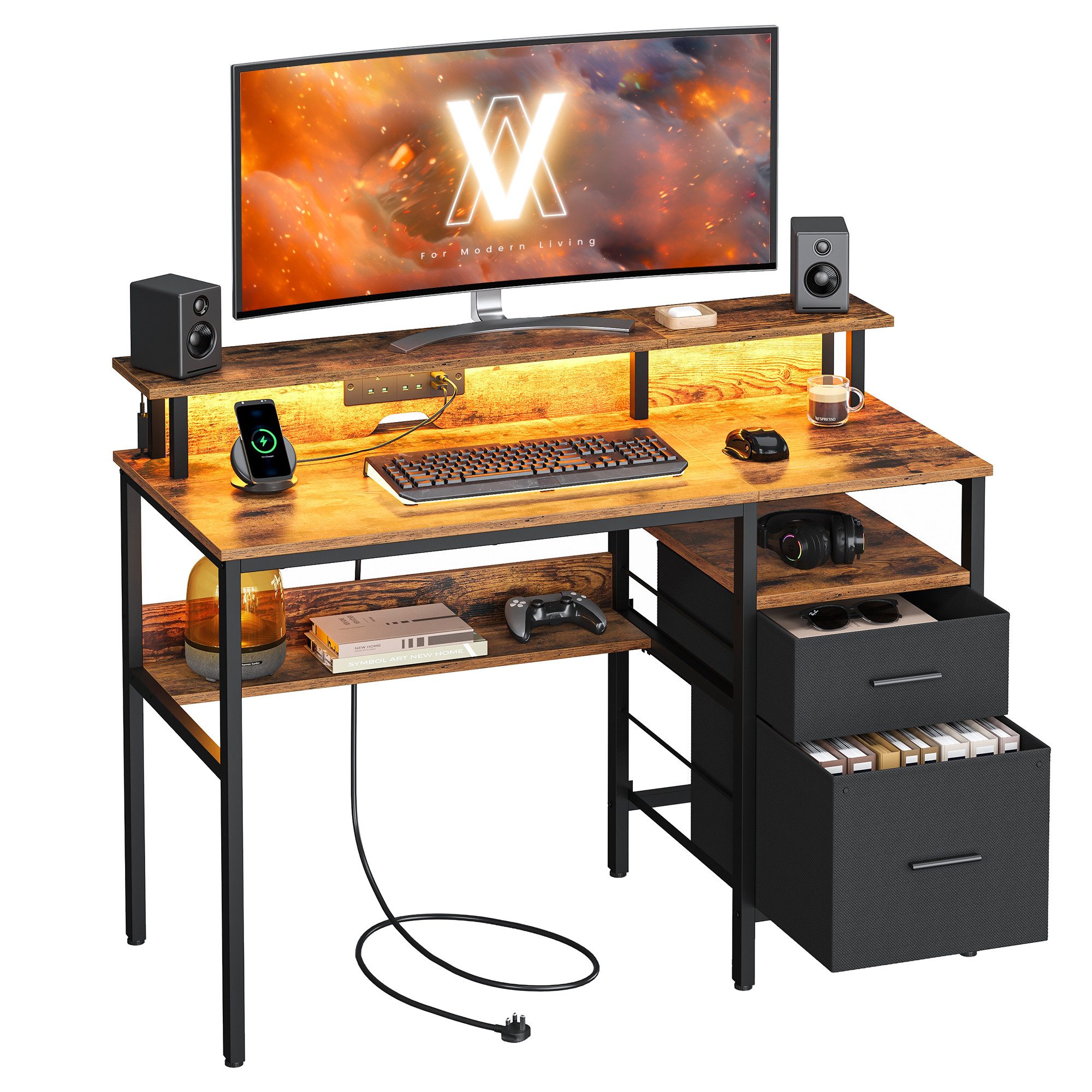 VASAGLE Schreibtisch Computertisch, mit LED-Beleuchtung, eingebaute Steckdo günstig online kaufen