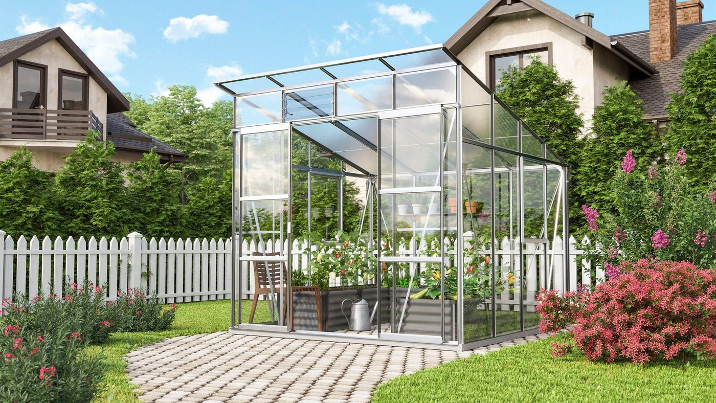 Vitavia Gewächshaus Freya 7600, BxTxH: 258 x 291,6 x 240,4 cm, 3 mm Wandstärke, Alu-Profile, Wand 3 mm Sicherheitsglas, Dach 6 mm Hohlkammerplatten silberfarben Vitavia Gewächshaus Freya 7600, BxTxH: 258 x 291,6 x 240,4 cm, 3 mm Wandstärke, Alu-Profile, Wand 3 mm Sicherheitsglas, Dach 6 mm Hohlkammerplatten silberfarben