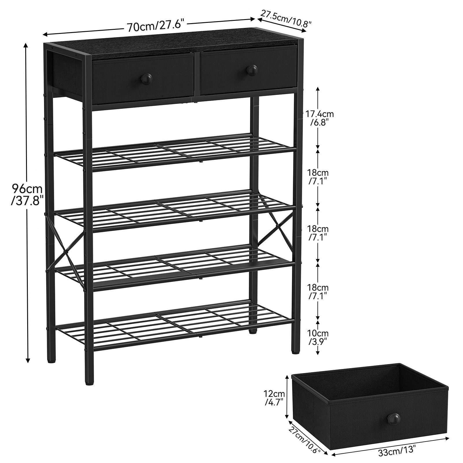 FABATO Schuhregal 5-stufiger Schuhorganizer mit 2 Vliesstoff-Schubladen & Holzplatte, 1-tlg., für Diele, Flur oder Kleiderschrank in Anthrazit – Bild 4 von 5
