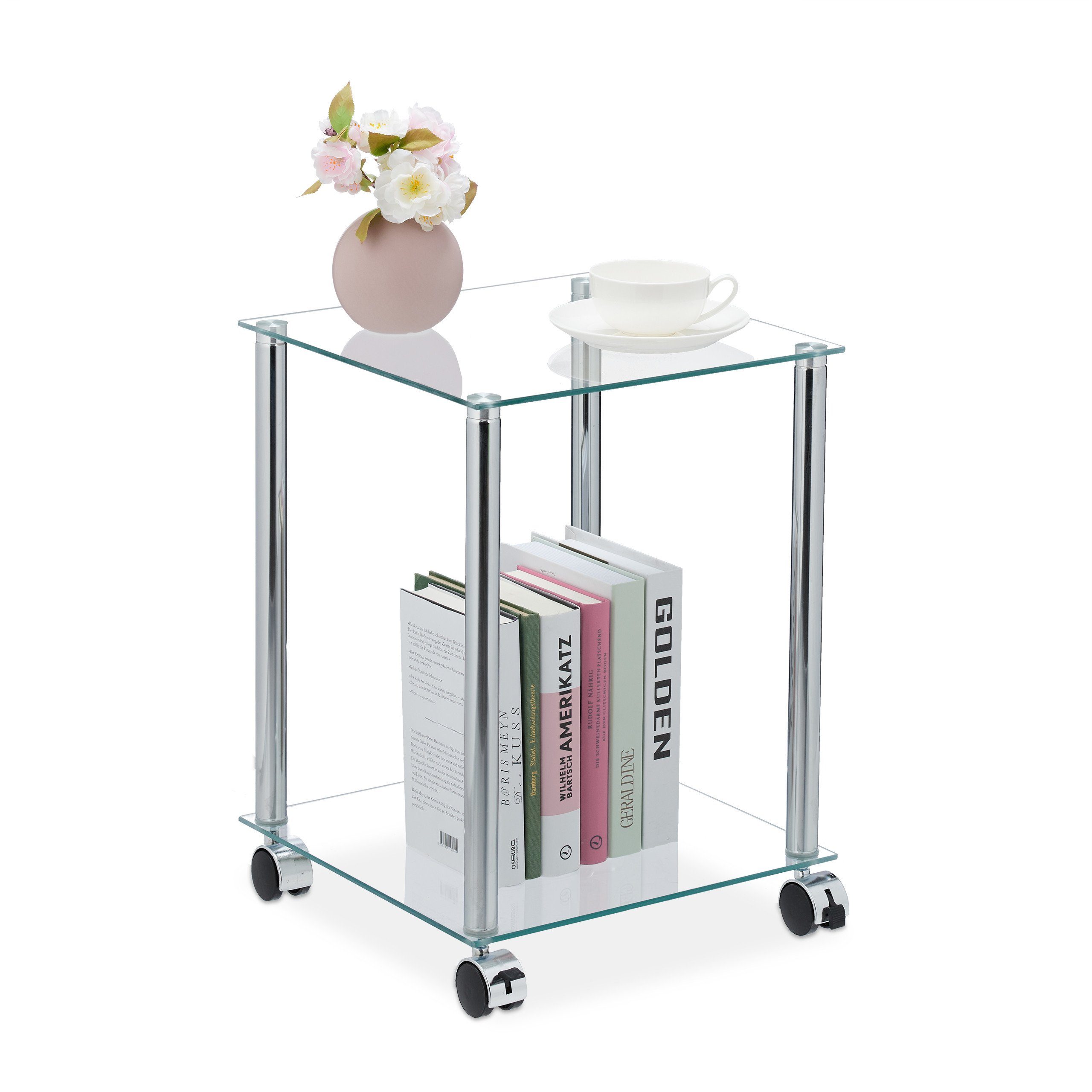 relaxdays Beistelltisch Glas Beistelltisch mit Rollen, Dielentisch