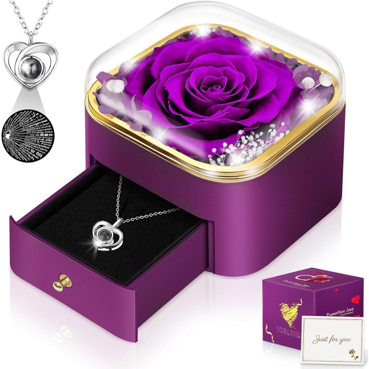 LuxusKollektion Geschenkbox Ewige Rose konservierte Halskette I Love You Geschenk Mattiert-lila