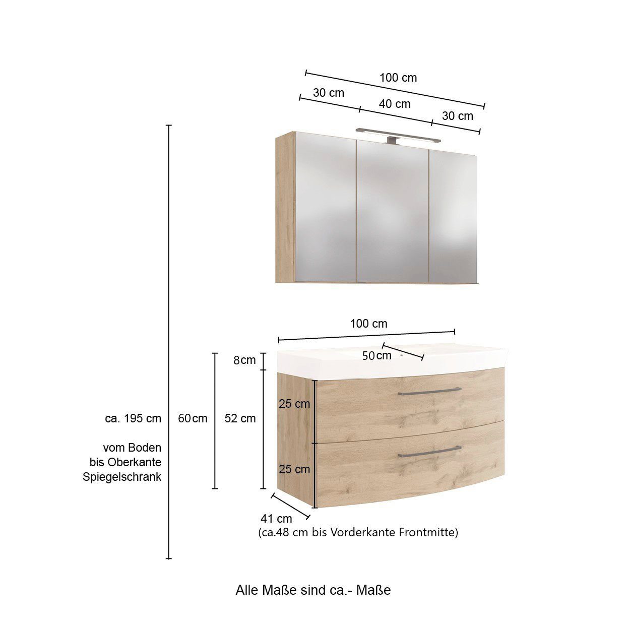 welltime Badmöbel-Set Chicago, (3-St., Spiegelschrank, Waschtisch, Midischrank), mit Mineralgussbecken