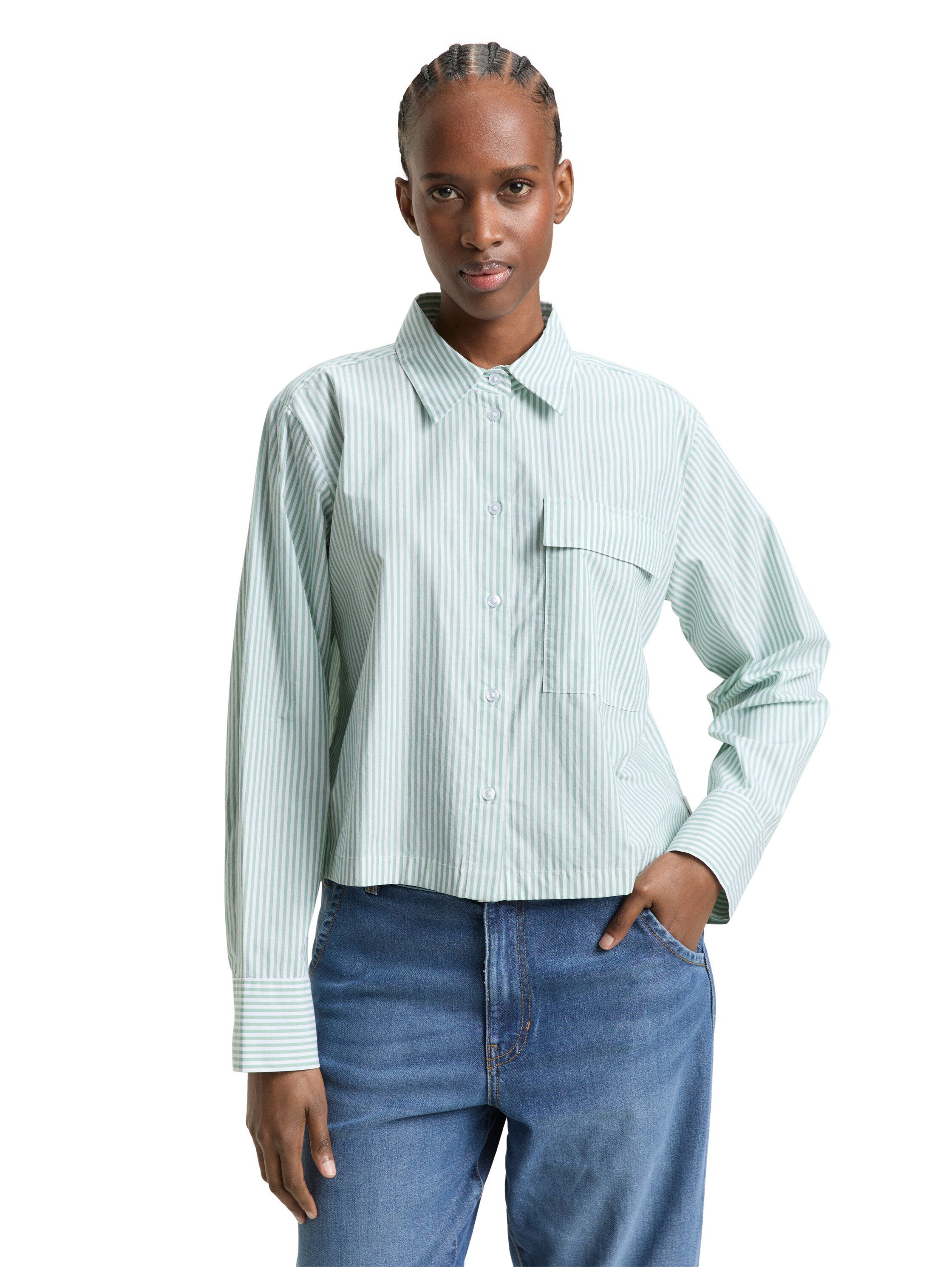 TOM TAILOR Denim Langarmbluse gestreift, kurze Form, mit Brusttasche