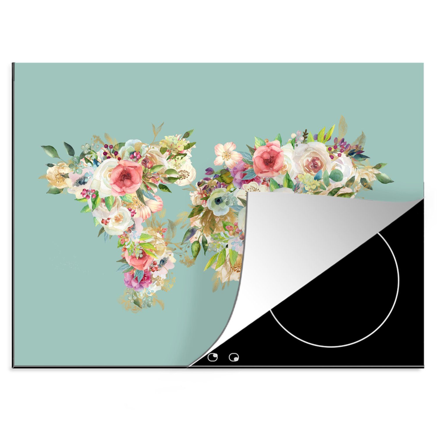 MuchoWow Herdblende-/Abdeckplatte Weltkarte - Blumen - Pastell, Vinyl, (1 tlg), 70x52 cm, Mobile Arbeitsfläche nutzbar, Ceranfeldabdeckung