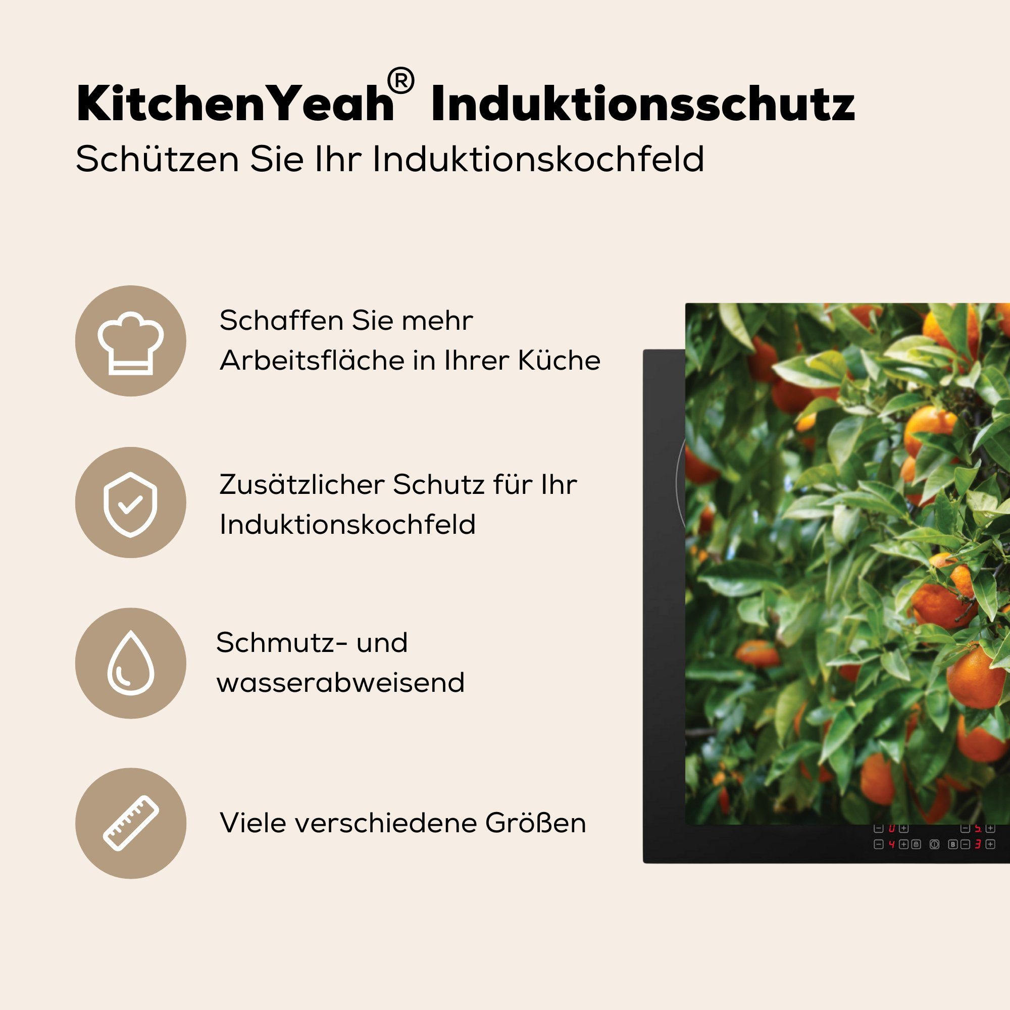 MuchoWow Herdblende-/Abdeckplatte Obst - Orange küche tlg), - Baum, für cm, 83x51 Ceranfeldabdeckung, Vinyl, Arbeitsplatte (1