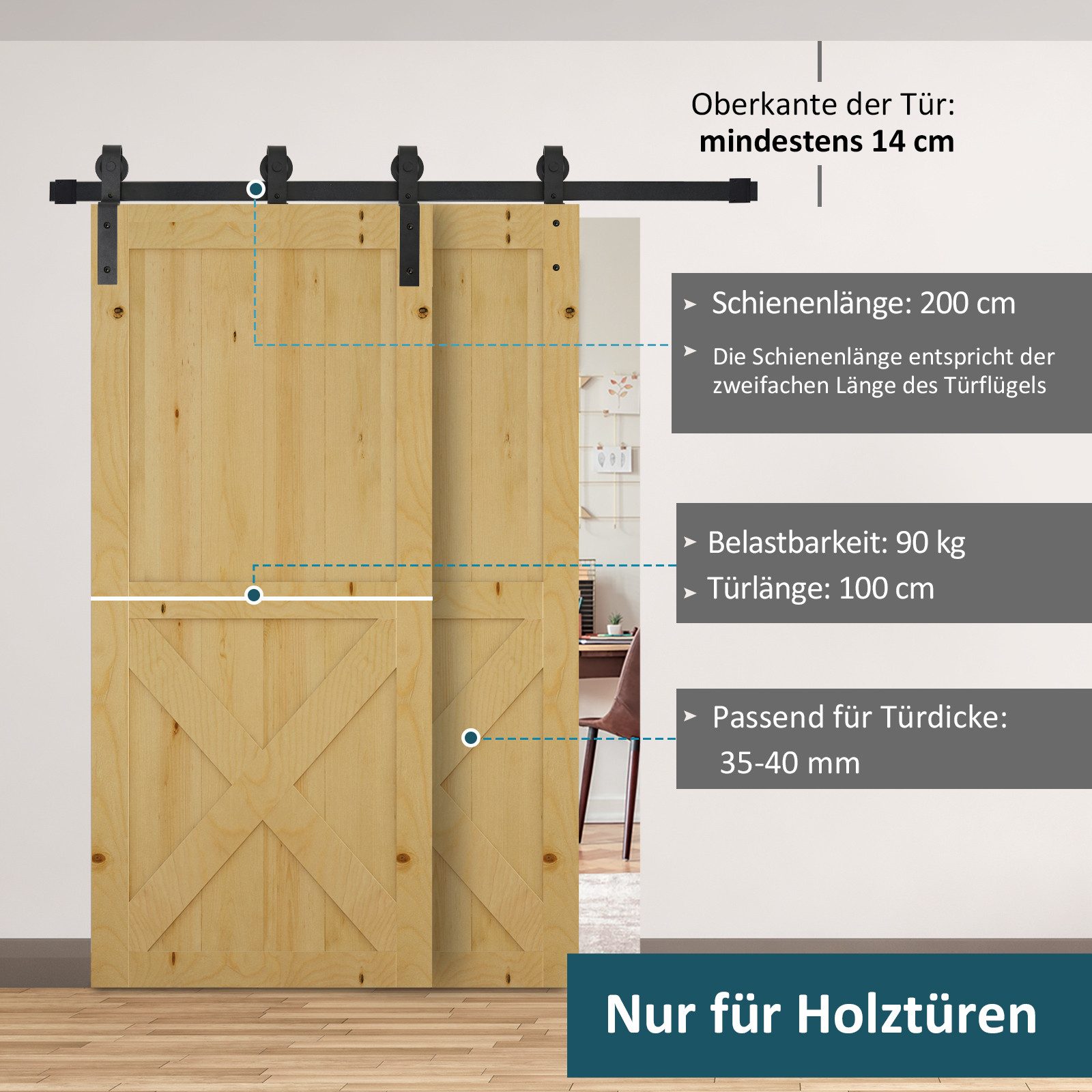 HOMCOM Türbeschlag Schiebetür Komplettset Schiebetürsystem 200 cm (Laufschiene, 1 St., Schiebetürbeschlag), für Holzschiebetür 9 Zubehör Schwarz – Bild 4 von 5