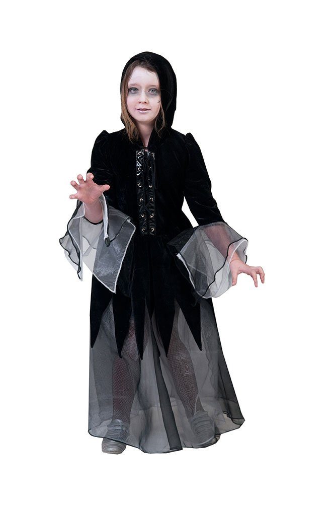 Karneval-Klamotten Hexen-Kostüm Kinder Zombie Hexenkleid Mädchen mit Kapuze, Kinderkostüm Mädchenkostüm schwarz Halloween