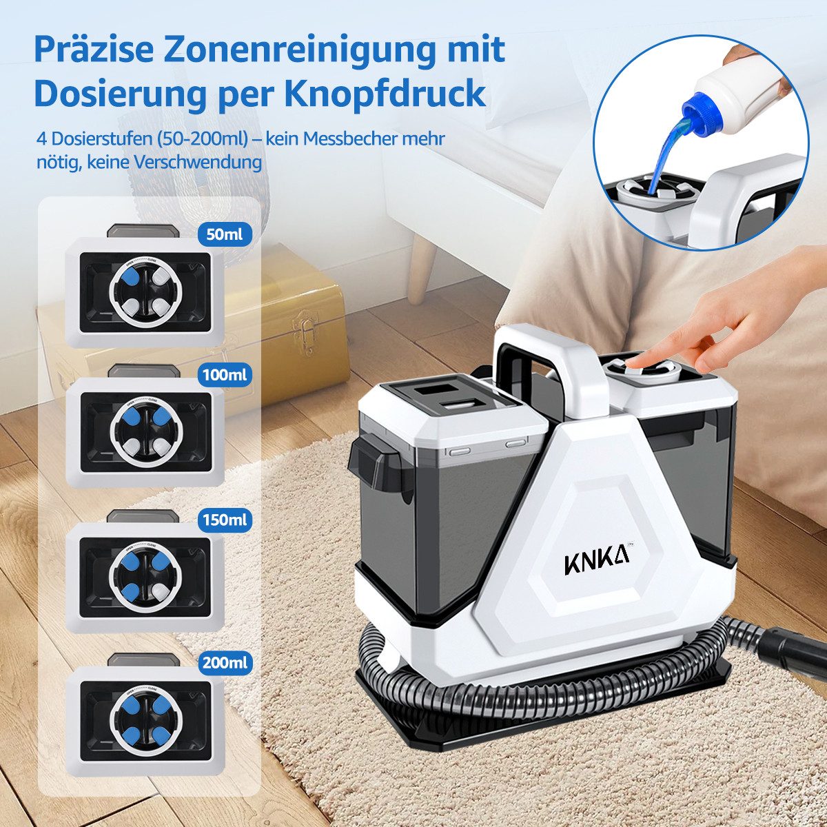 KNKA PRO Teppichreinigungsgerät Polsterreiniger Gerät, Tragbarer Teppichreiniger Waschsauger, 550 W, beutellos, mit 16000pa Saugkraft, für Sofas, Teppiche und Haustierunterlagen