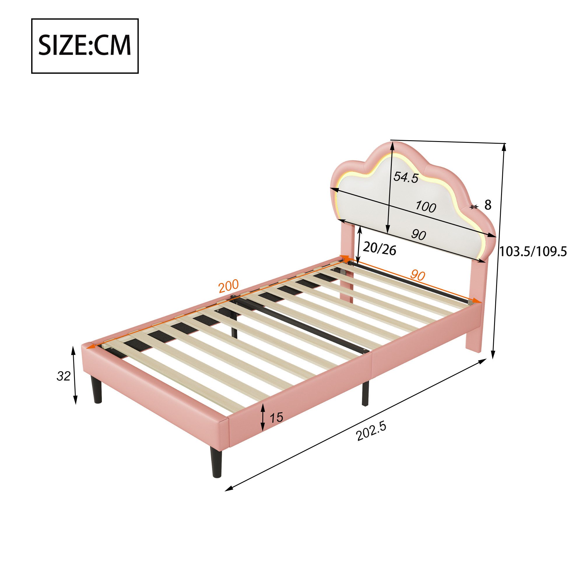 Furnishings Home Kinderbett Polsterbett LED mit Hasenohren Kopfteil 90x200 cm (1-tlg., LED Beleuchtung steuerbar per App/Fernbedienung), Einzelbett mit Hasenohren Kopfteil und Lattenrost, Samt