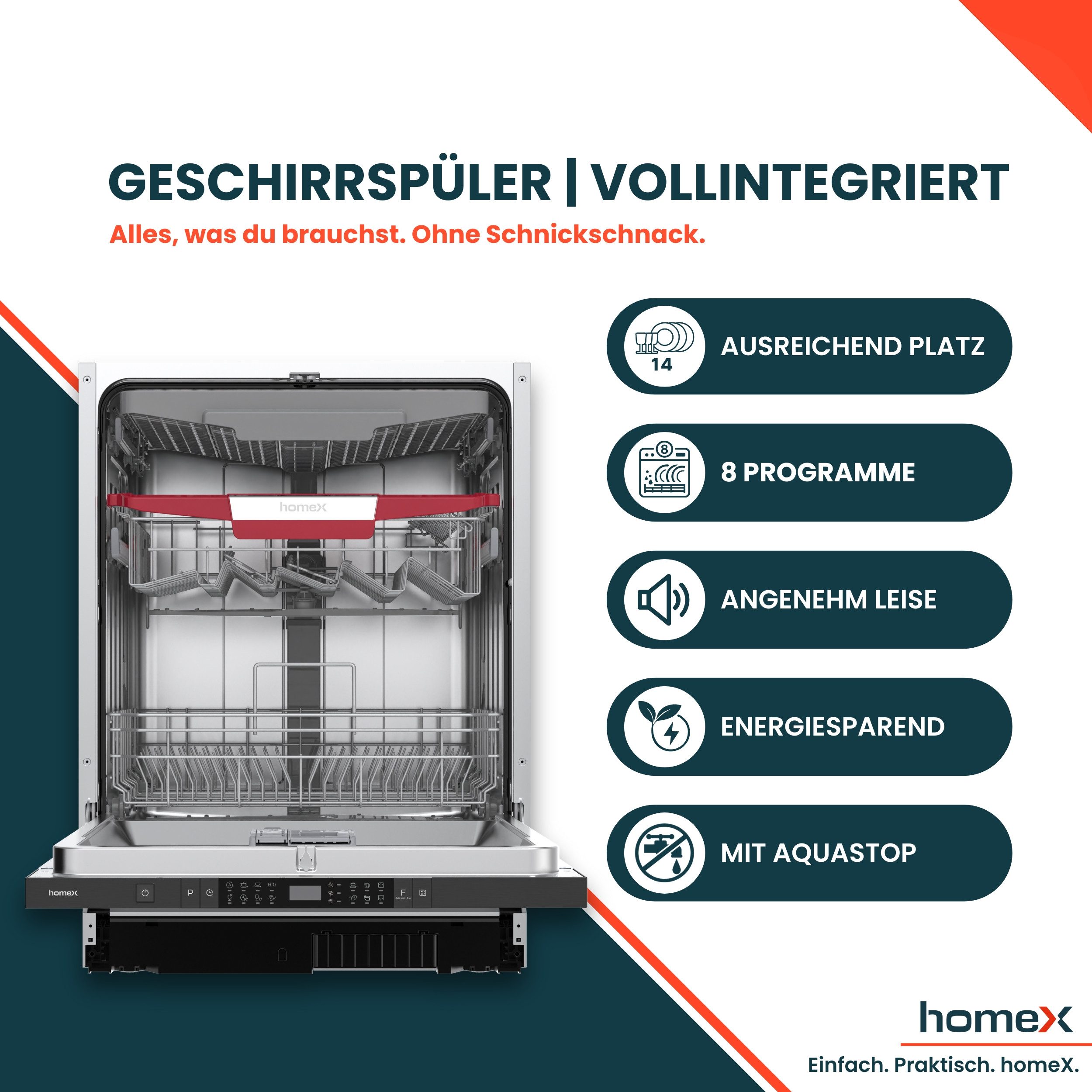 homeX vollintegrierbarer Geschirrspüler DWFI601444C, 10 l, 14 Maßgedecke, Einbau Spülmaschine vollintegriert 60 cm, 14 Gedecke, AquaStop, 44 dB