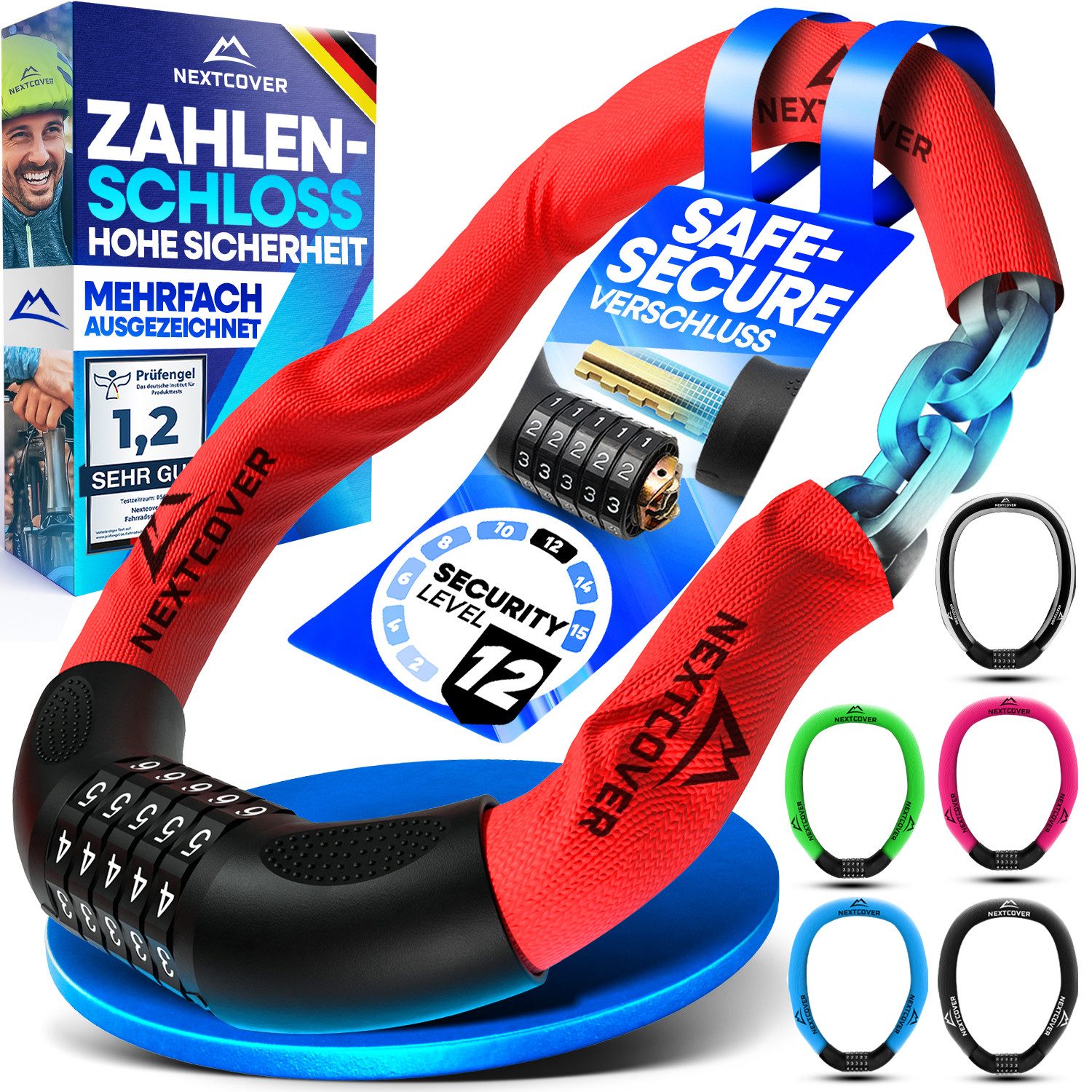 Nextcover Kettenschloss Fahrradschloss mit Zahlencode - Sicherheitsverschluss