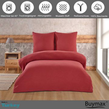 Bettwäsche Luxury, Buymax, Musselin 100% Baumwolle, 2 teilig, 135x200 cm, Bettbezug Set, Uni, einfarbig, mit Reißverschluss, Rot