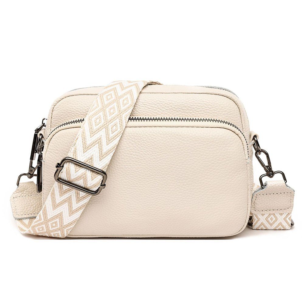 Umhängetasche Crossbody Gurt Damen, Off-weiß NUODWELL Bag 3 Leder mit fächern Breiter Umhängetasche